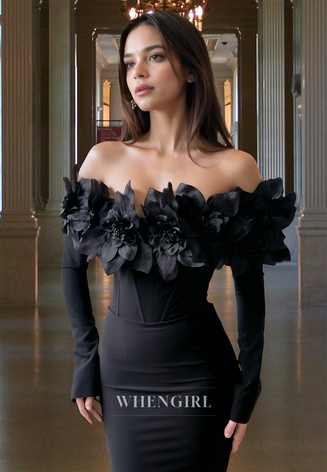 Classic Long Sleeves Strapless Mermaid Floral Satin Formal Gown with Floral Prom Dress