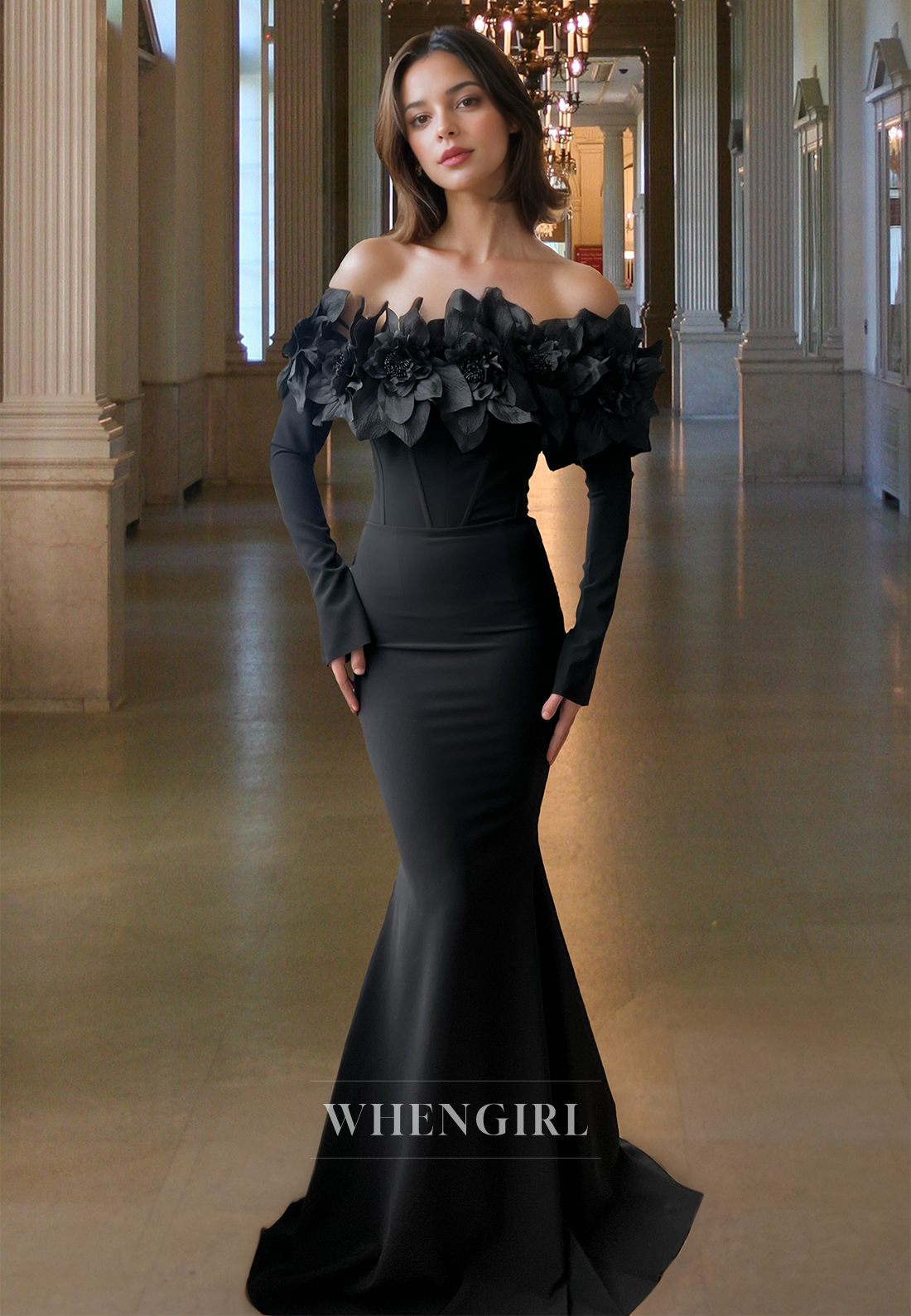 Classic Long Sleeves Strapless Mermaid Floral Satin Formal Gown with Floral Prom Dress