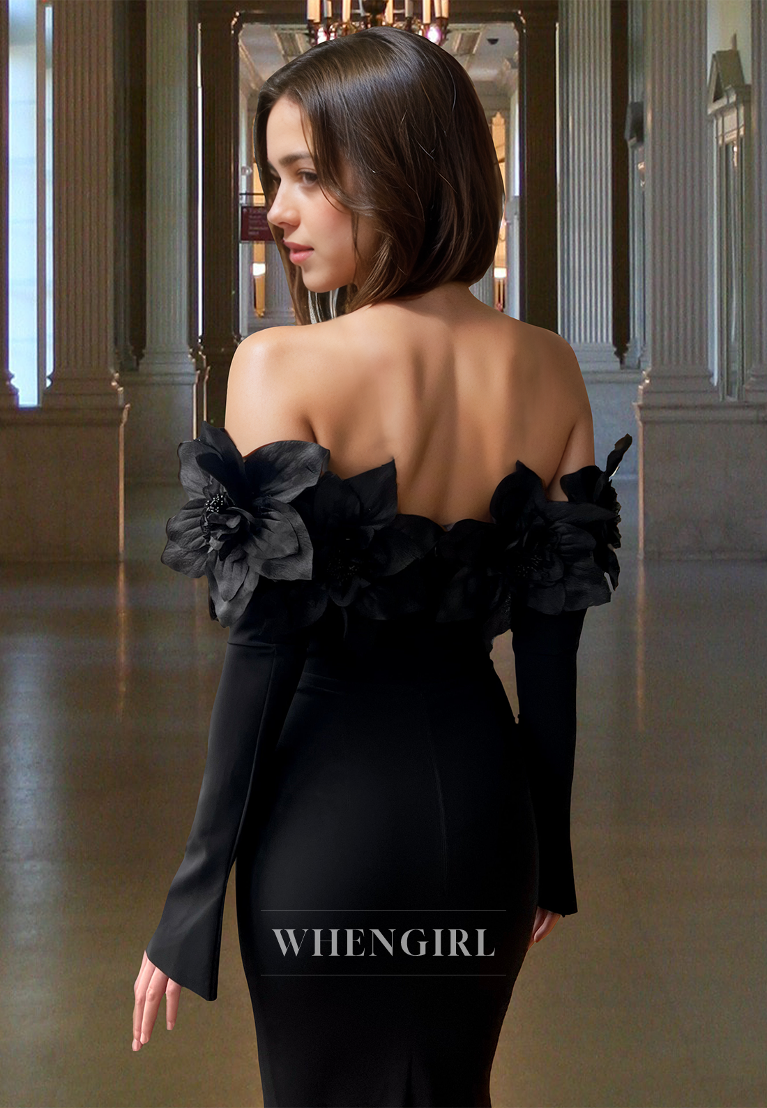 Classic Long Sleeves Strapless Mermaid Floral Satin Formal Gown with Floral Prom Dress