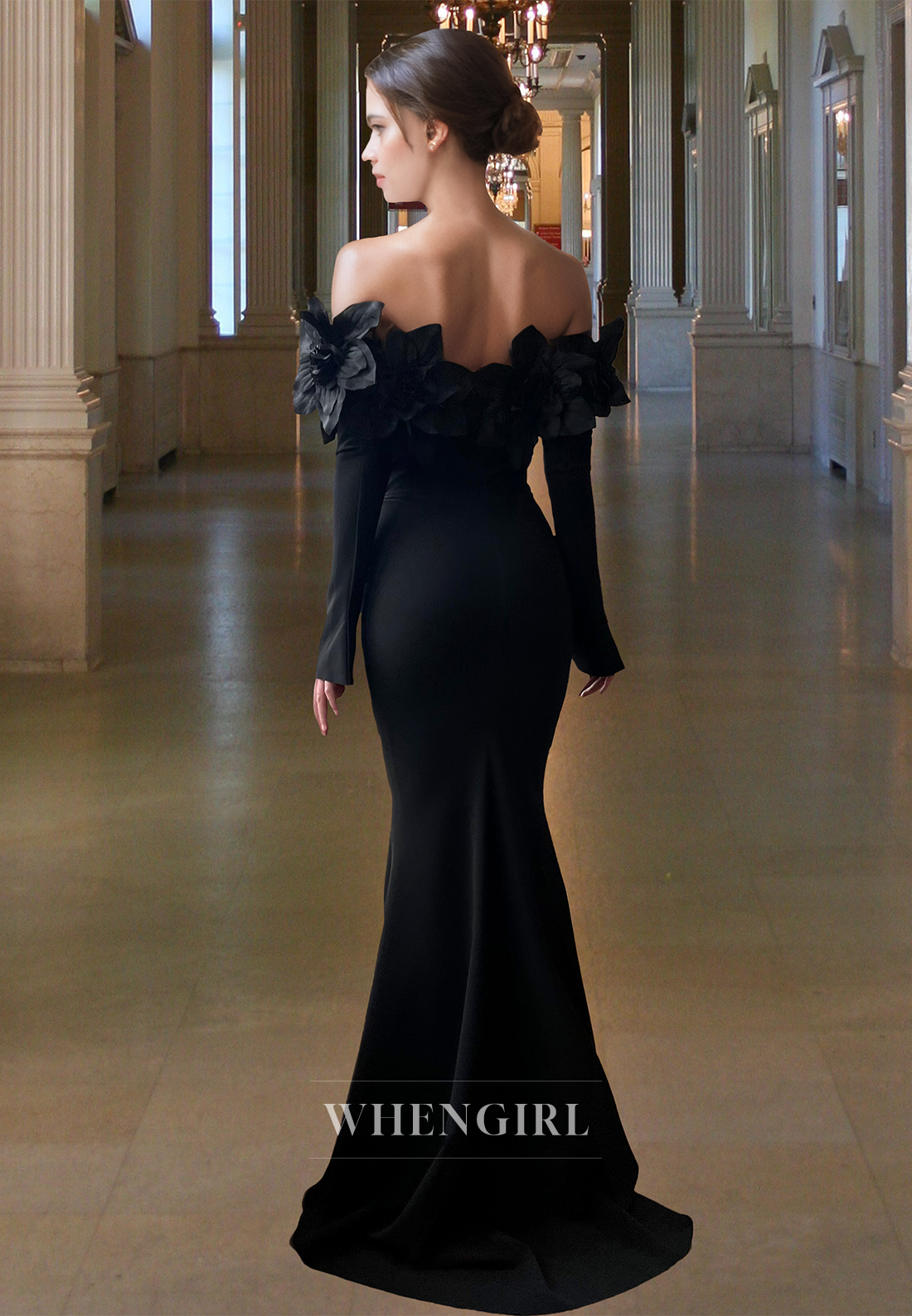 Classic Long Sleeves Strapless Mermaid Floral Satin Formal Gown with Floral Prom Dress