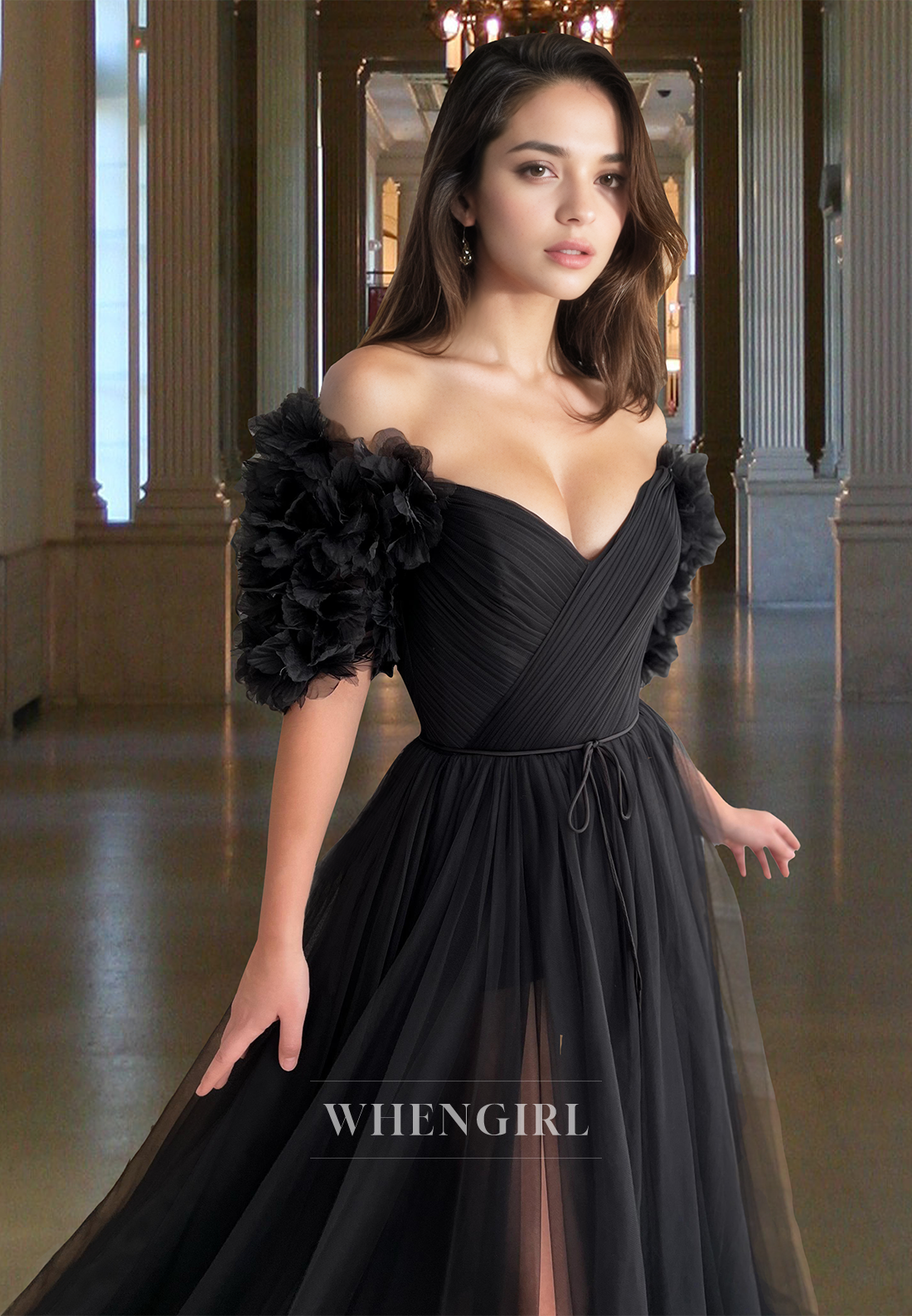 Elegant A-Line Sleeves Sweetheart Long Pleated Lace Formal Prom Dress with Slit