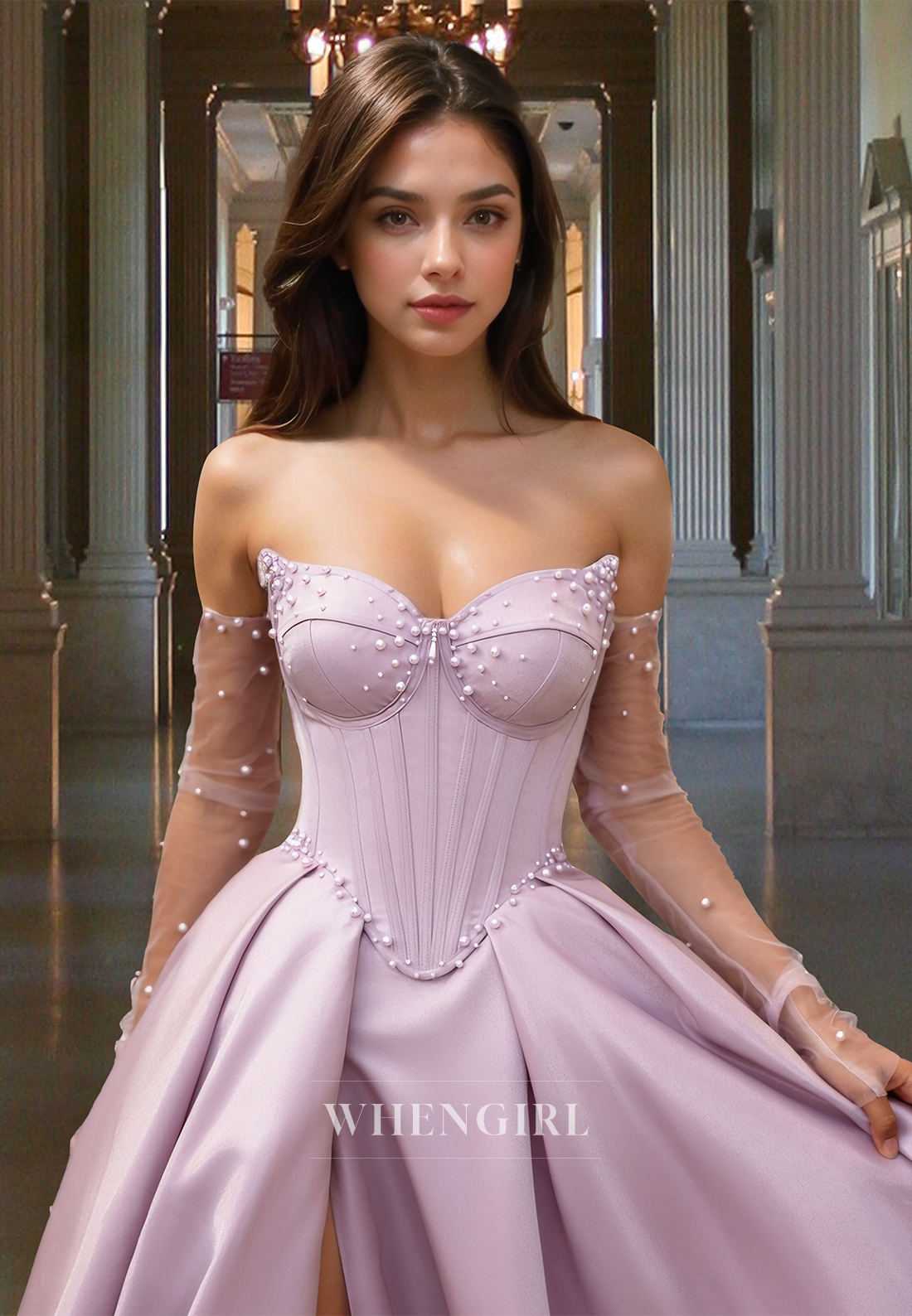 Beaded Long Sleeves Party Gowns Sweetheart A-Line Satin Prom Dress with Slit
