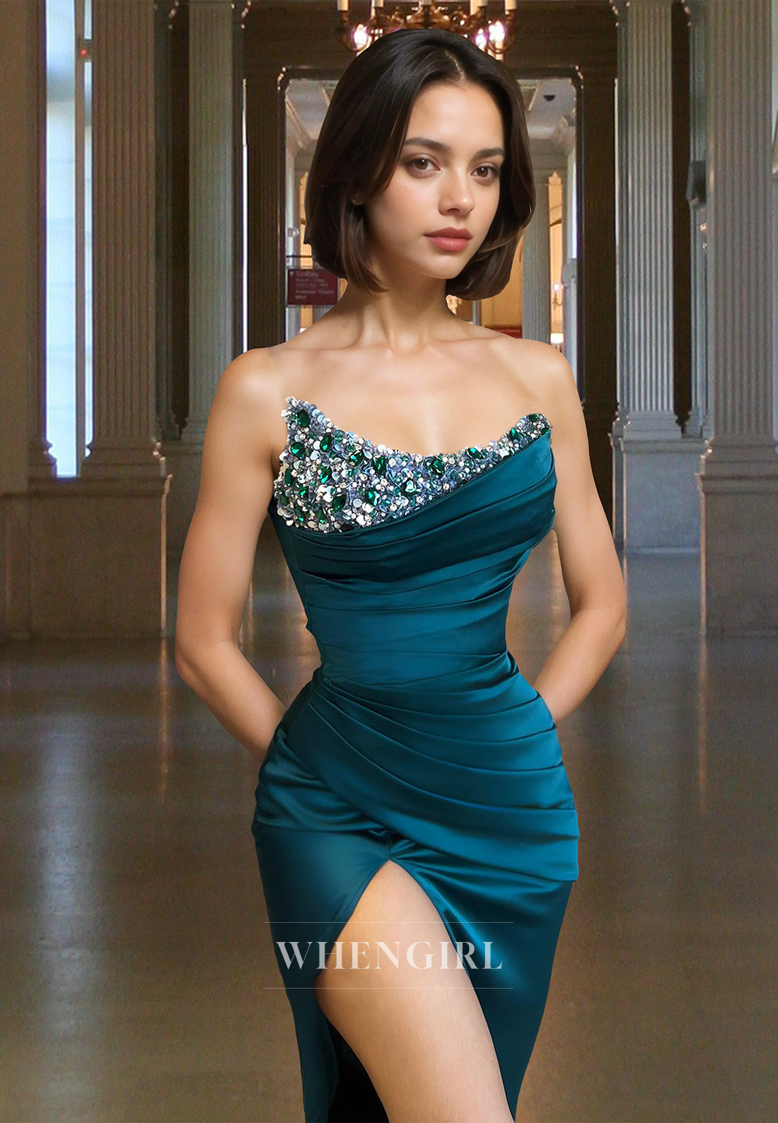 Elegant Tube Top Sheath Prom Dress Sleeveless Ruched Satin Formal Gown with Beads