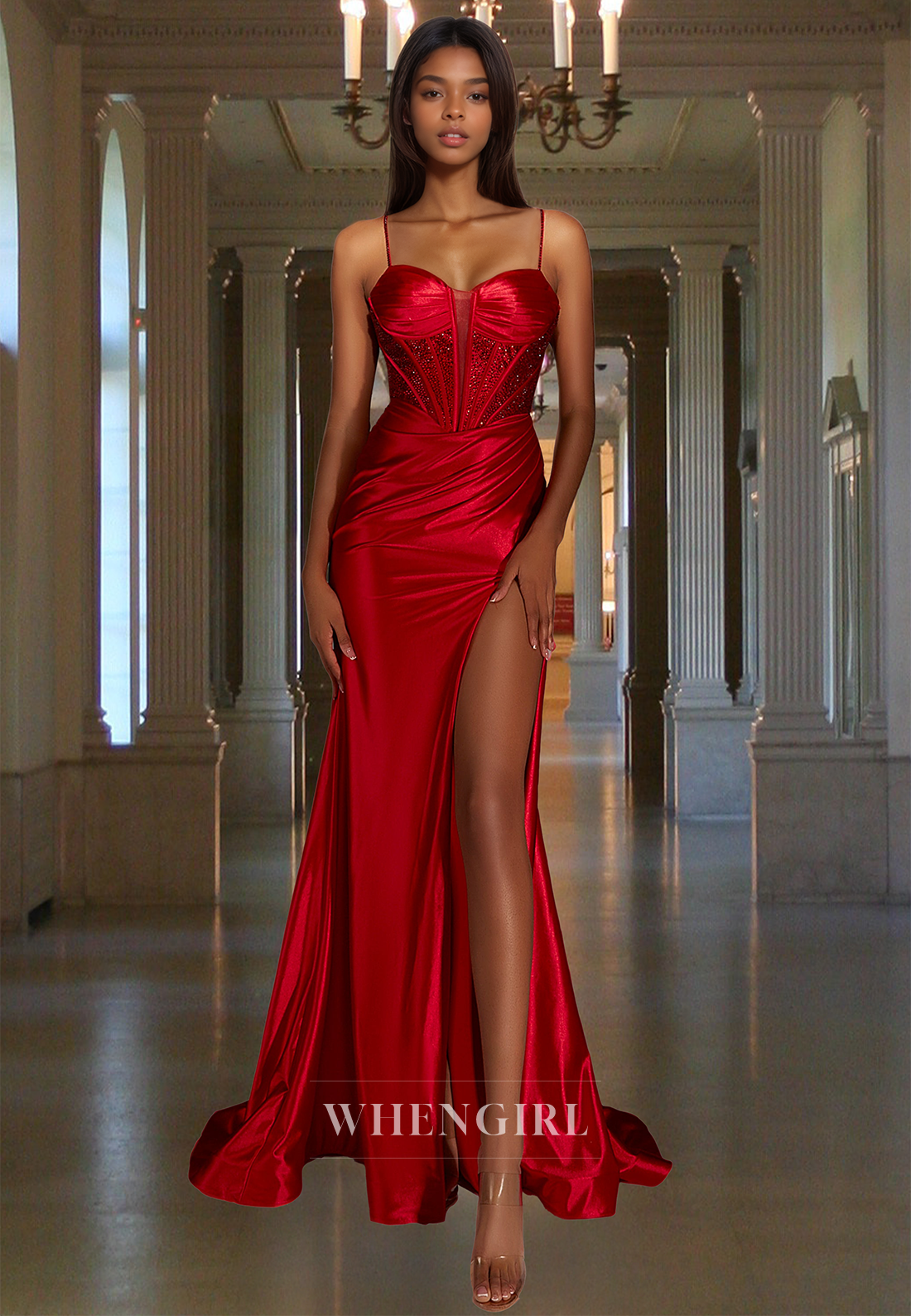 Spaghetti Straps Sweetheart Sheath Stripe Beaded Satin Prom Evening Gown with Slit