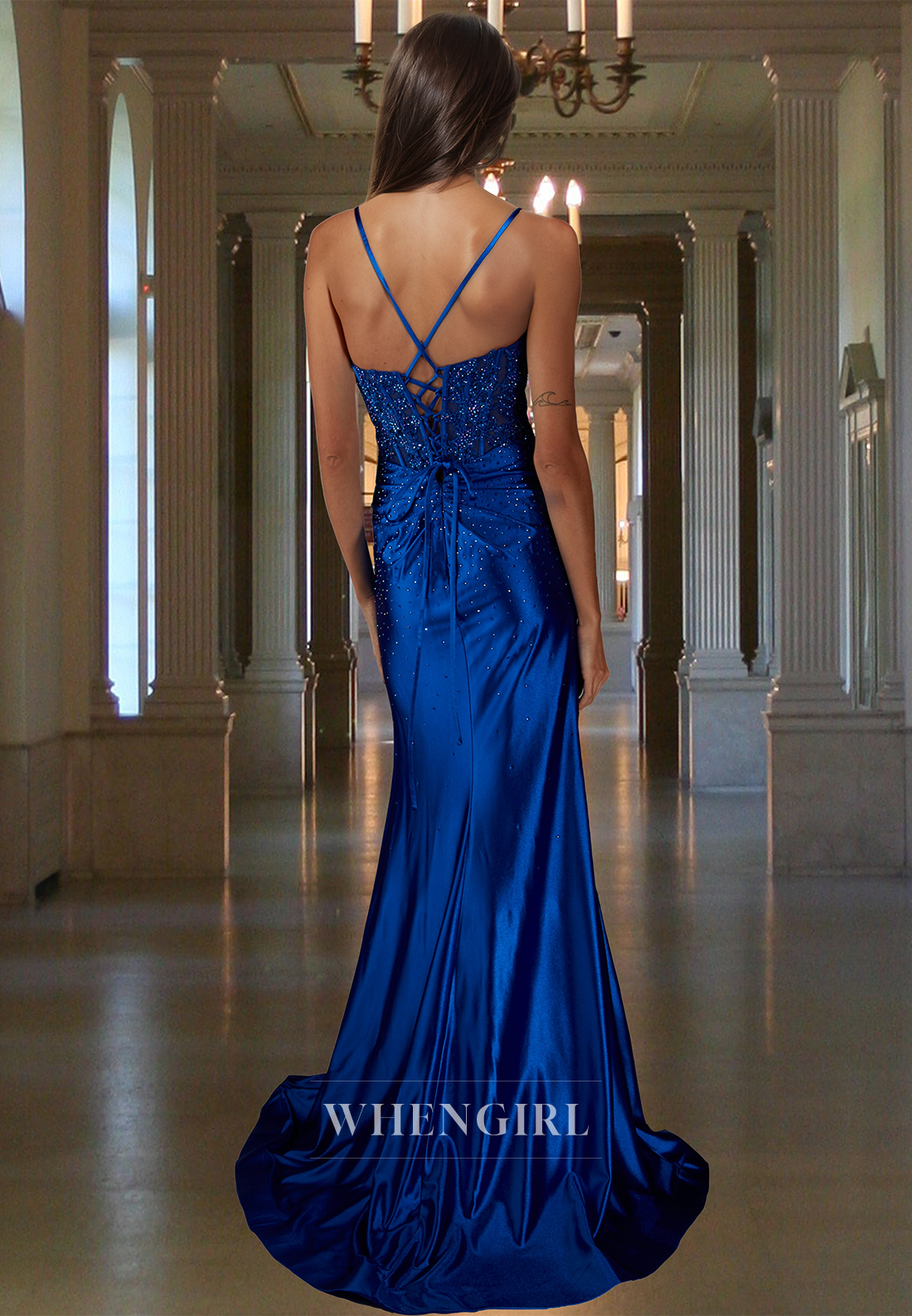 Fully Beaded Spaghetti Straps Fitted Satin Pleats Appliques Party Prom Dress with Slit