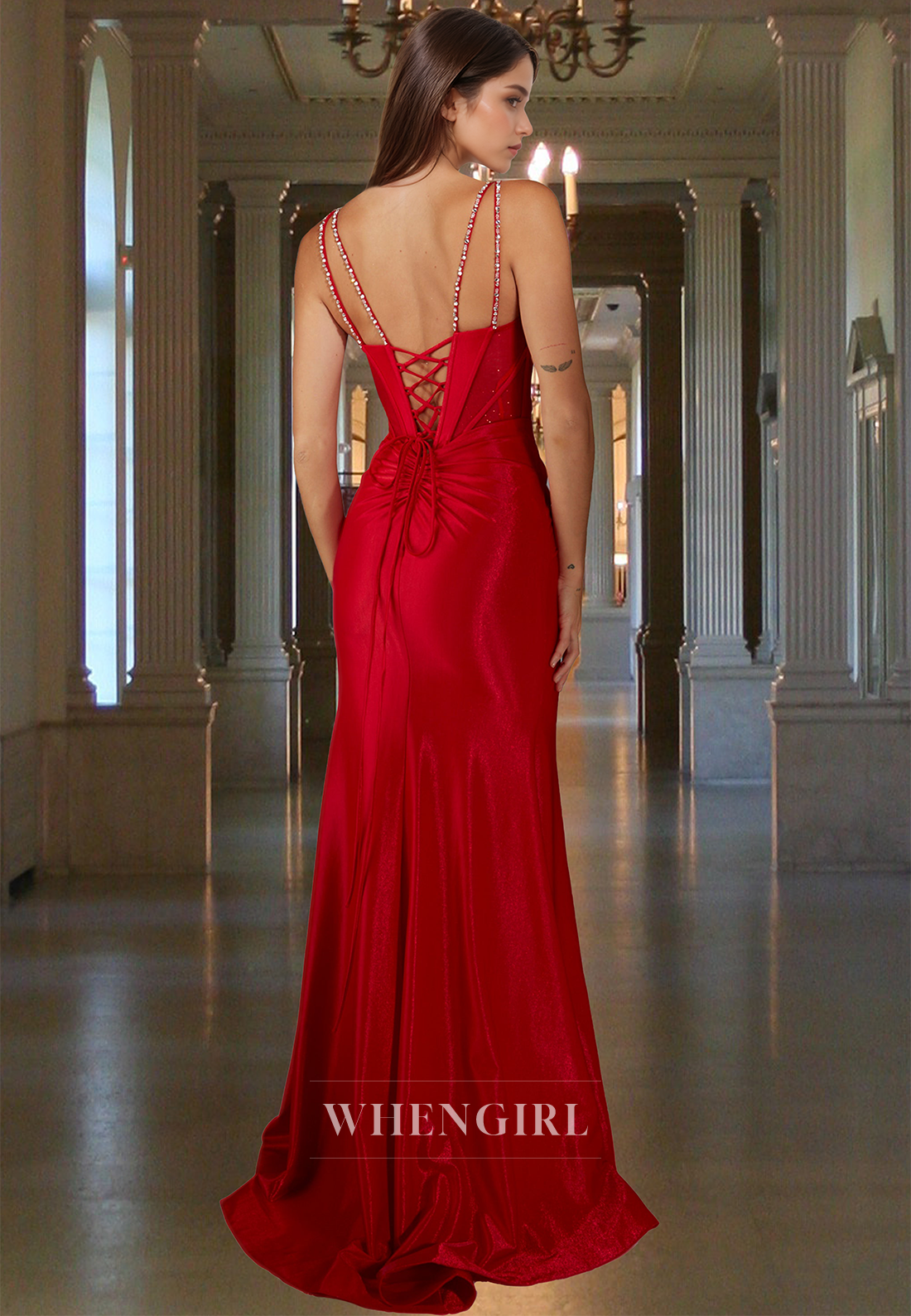 Elegant Empire Waist V-Neck Straps Beaded Satin Side Slit Long Formal Party Dress
