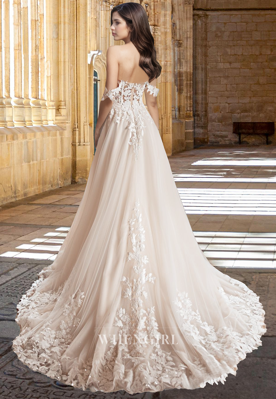 Elegant A-Line Off-Shoulder Sleeveless Appliques Lace Pleats Wedding Dress with Train