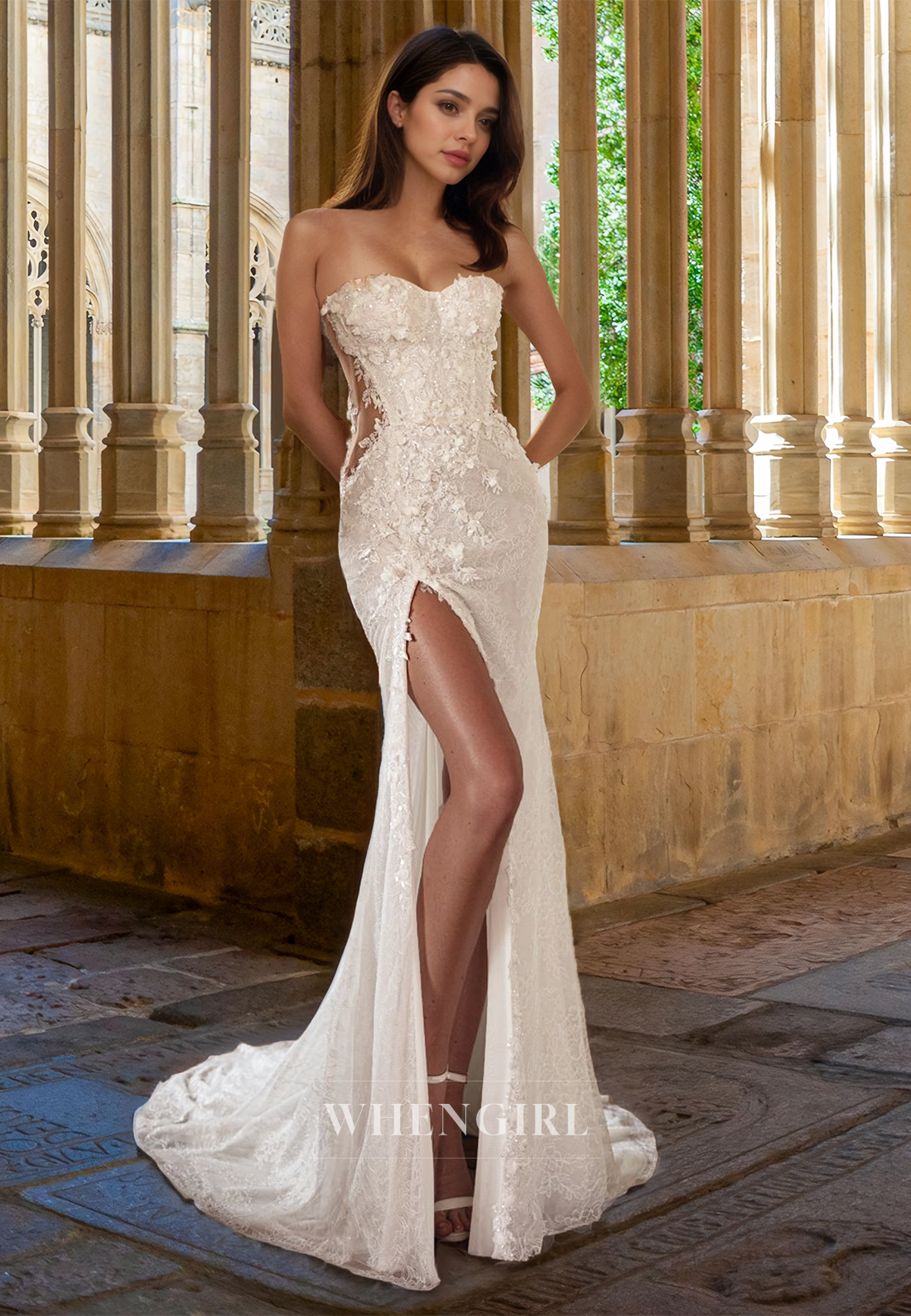 Romantic Sweetheart Sheath Sleeves High Split Appliques Lace Wedding Dress with Floral