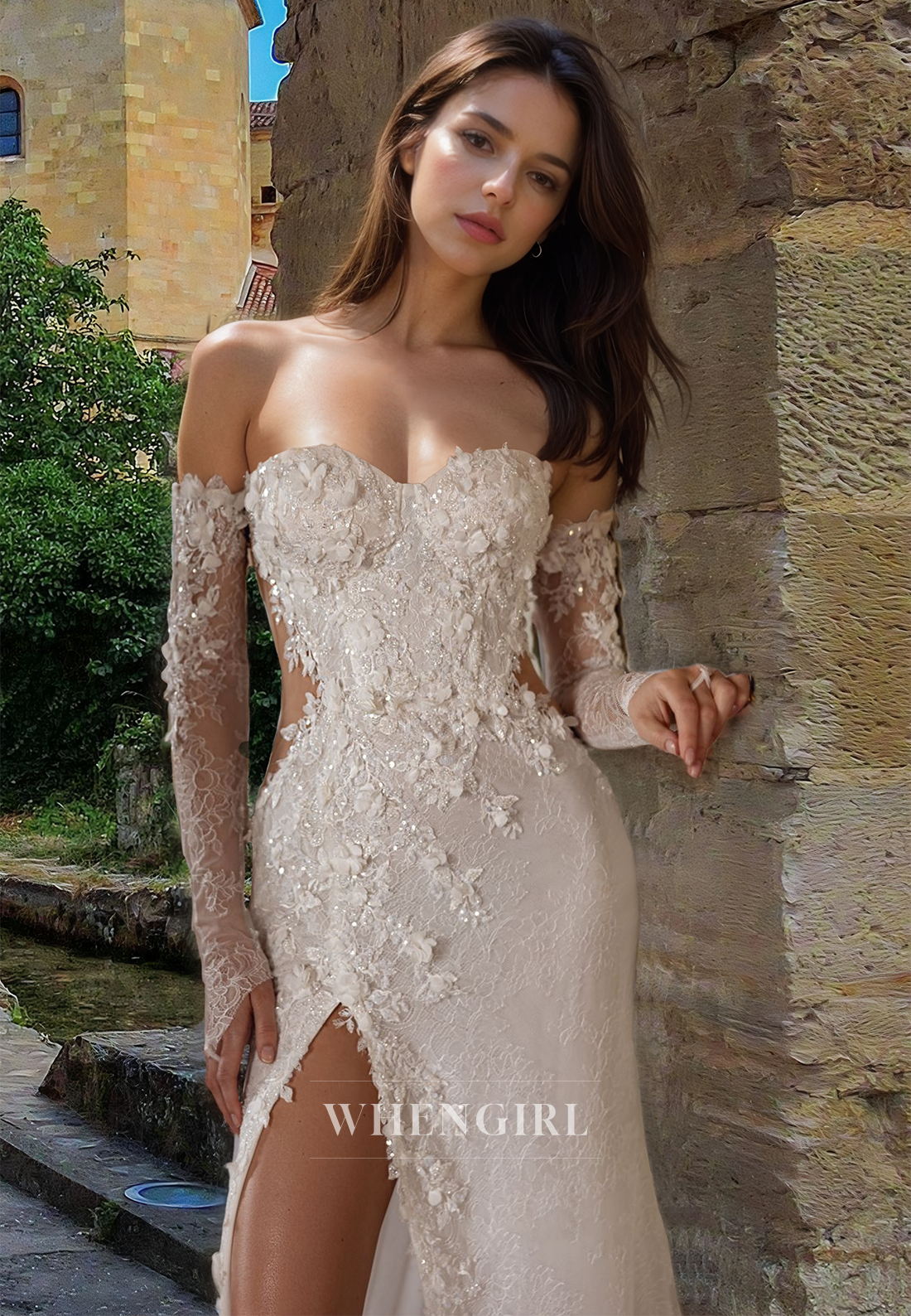 Romantic Sweetheart Sheath Sleeves High Split Appliques Lace Wedding Dress with Floral