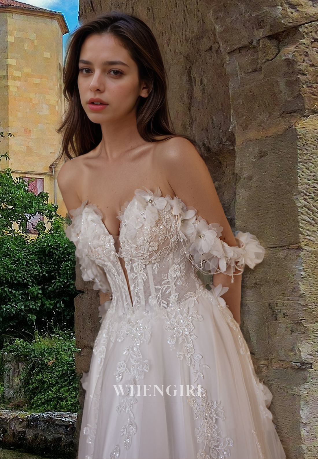 Beaded Sweetheart A-Line Pleats Lace Floral Beach Wedding Dress with Appliques Boho Gown