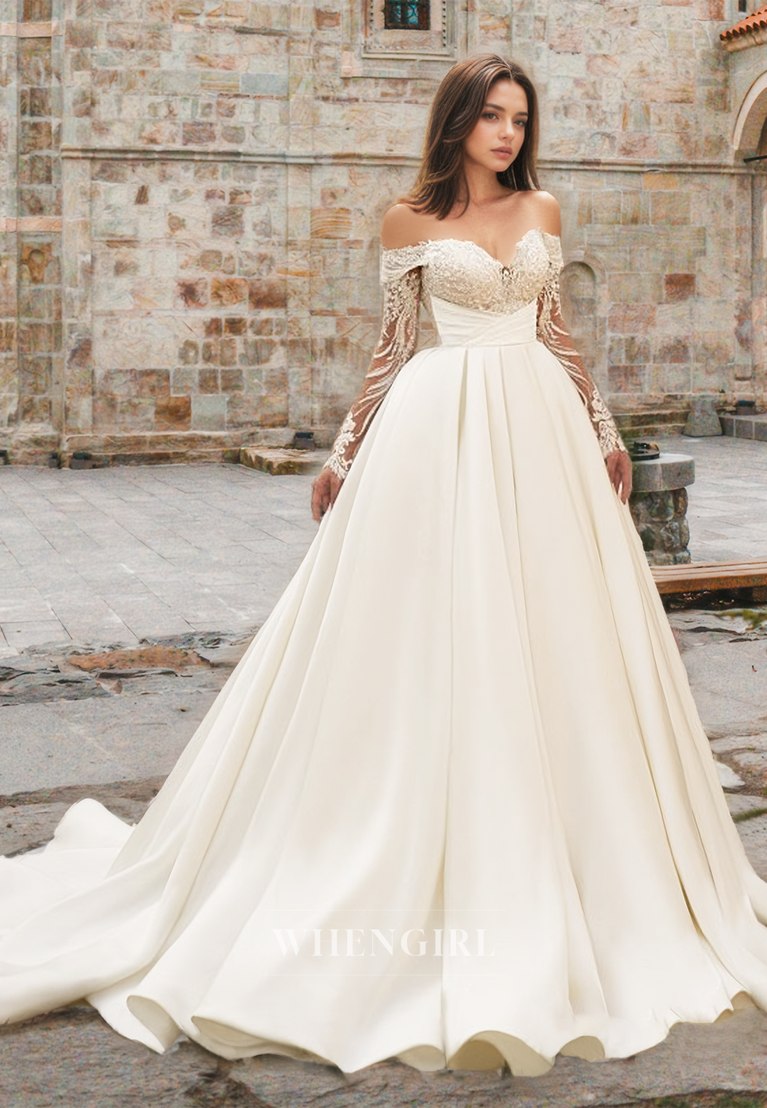 Elegant A-Line Long Sleeves Wedding Dress Sweetheart Appliques Satin Bridal Gowns with Train