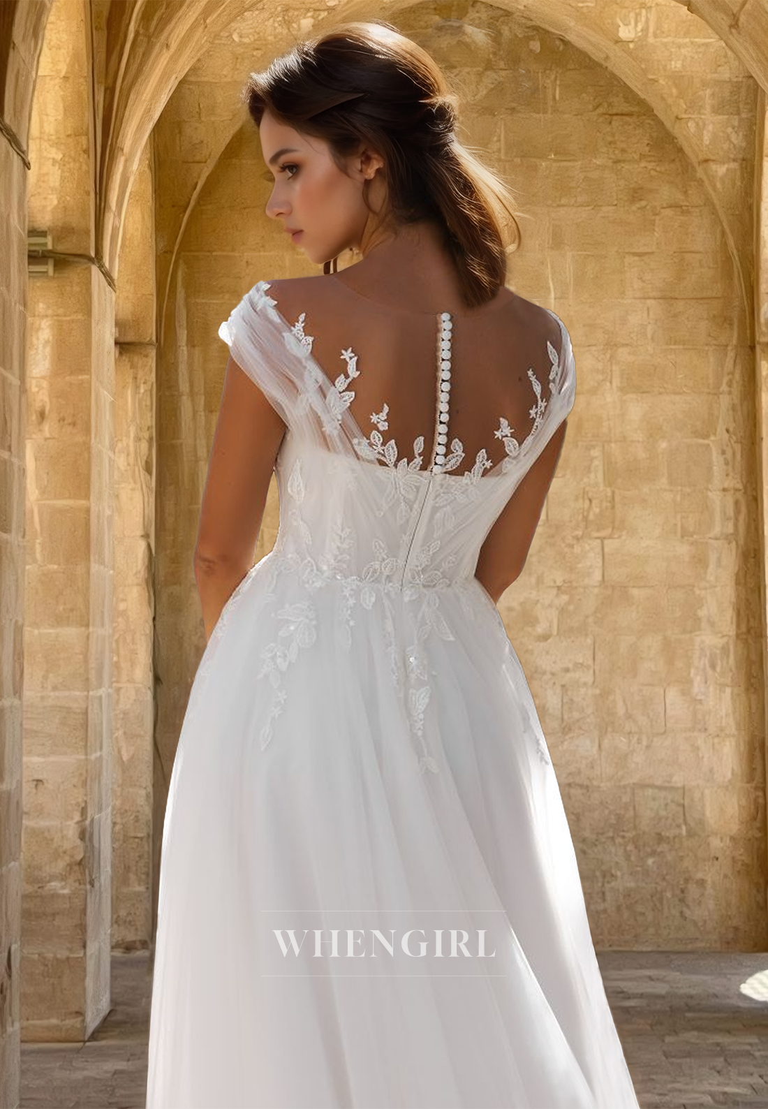 Bohemian A-Line Cap Sleeves Scoop Neck Pleats Lace Beach Wedding Dress with Applique