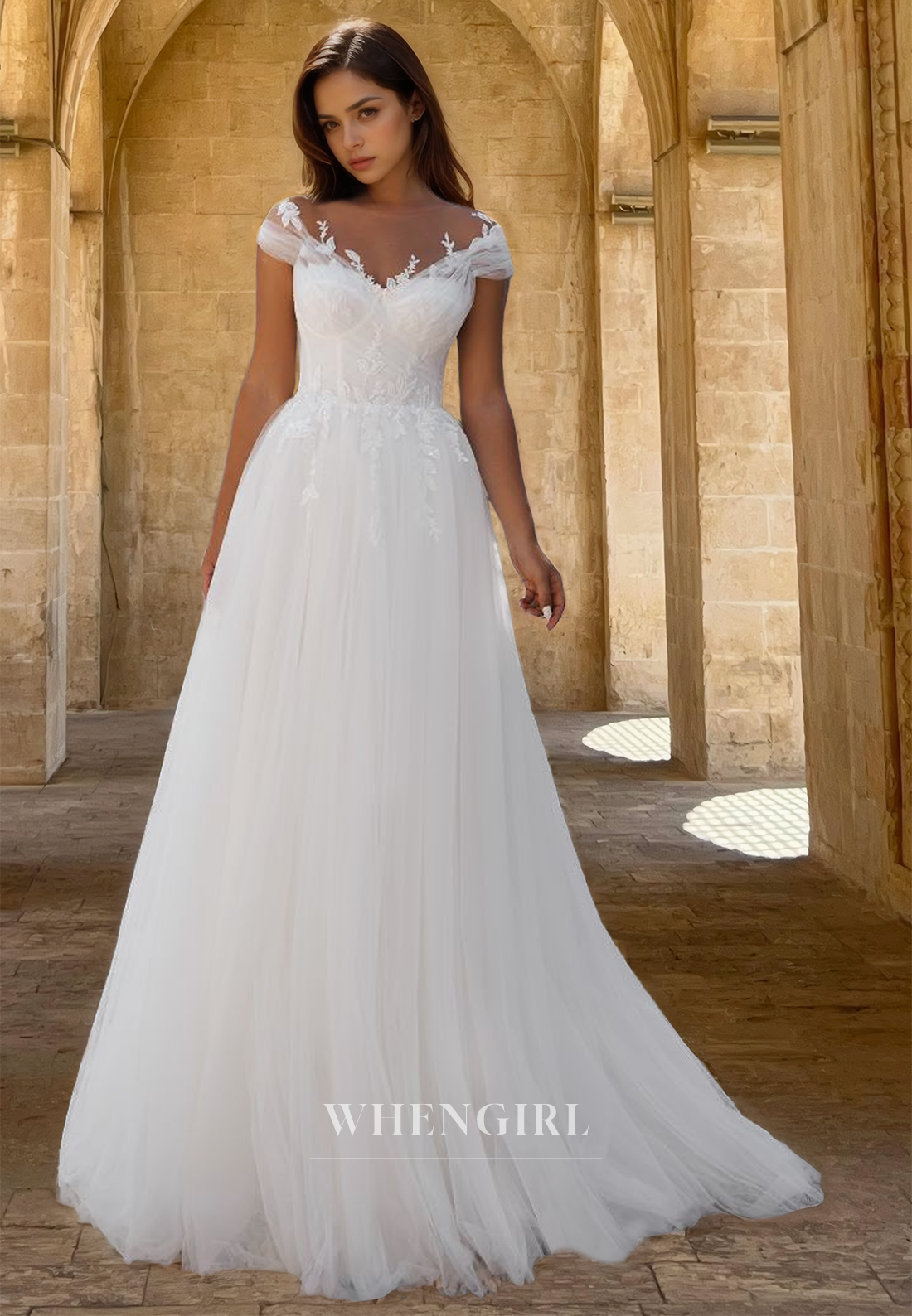 Bohemian A-Line Cap Sleeves Scoop Neck Pleats Lace Beach Wedding Dress with Applique
