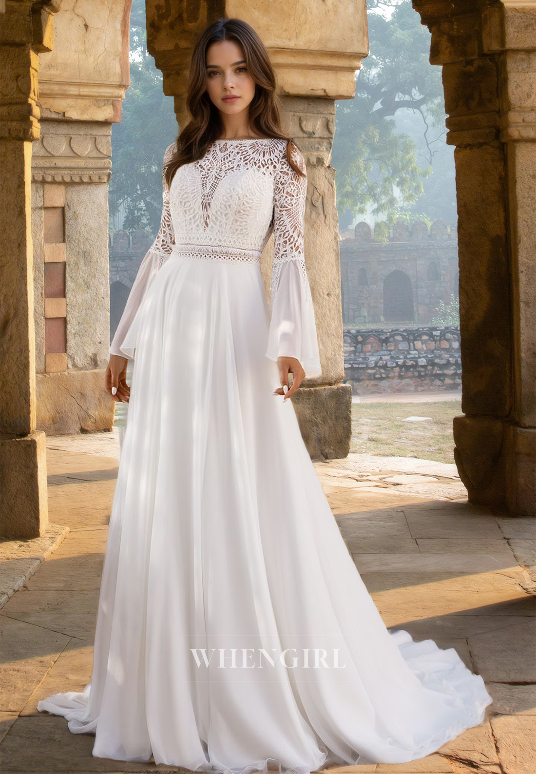 Elegant A-Line Long Sleeves Appliques Chiffon Pleats Beach Bridal Wedding Dress with Train
