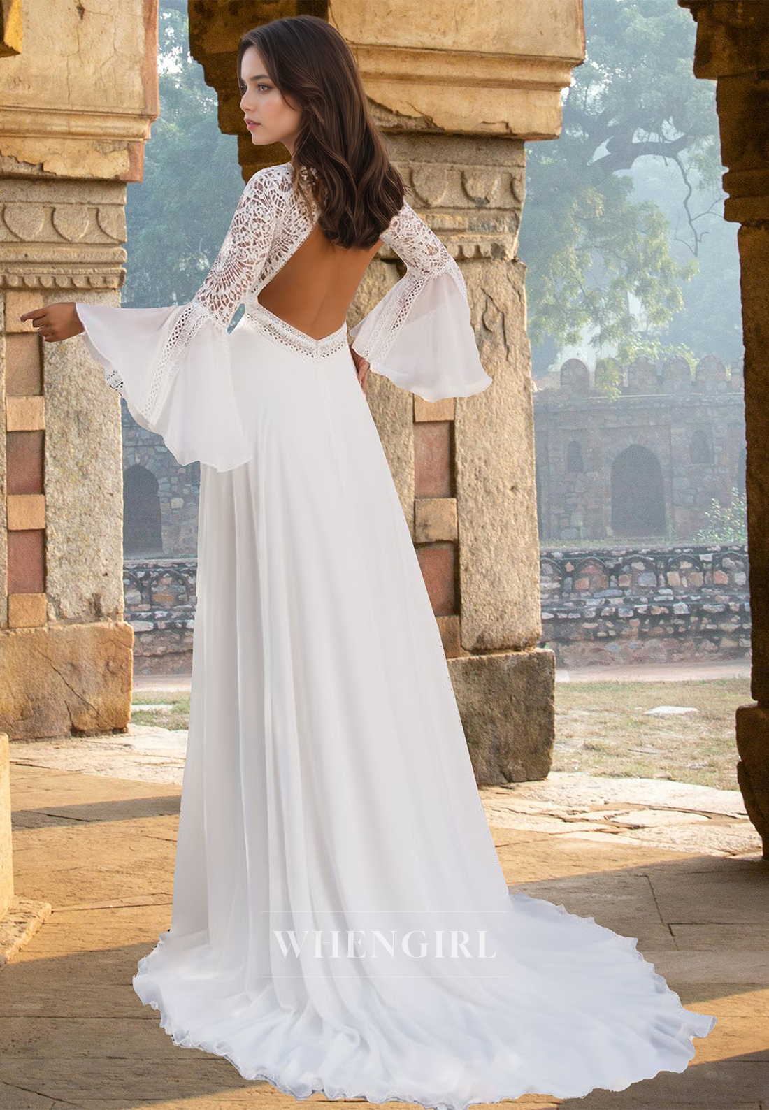 Elegant A-Line Long Sleeves Appliques Chiffon Pleats Beach Bridal Wedding Dress with Train