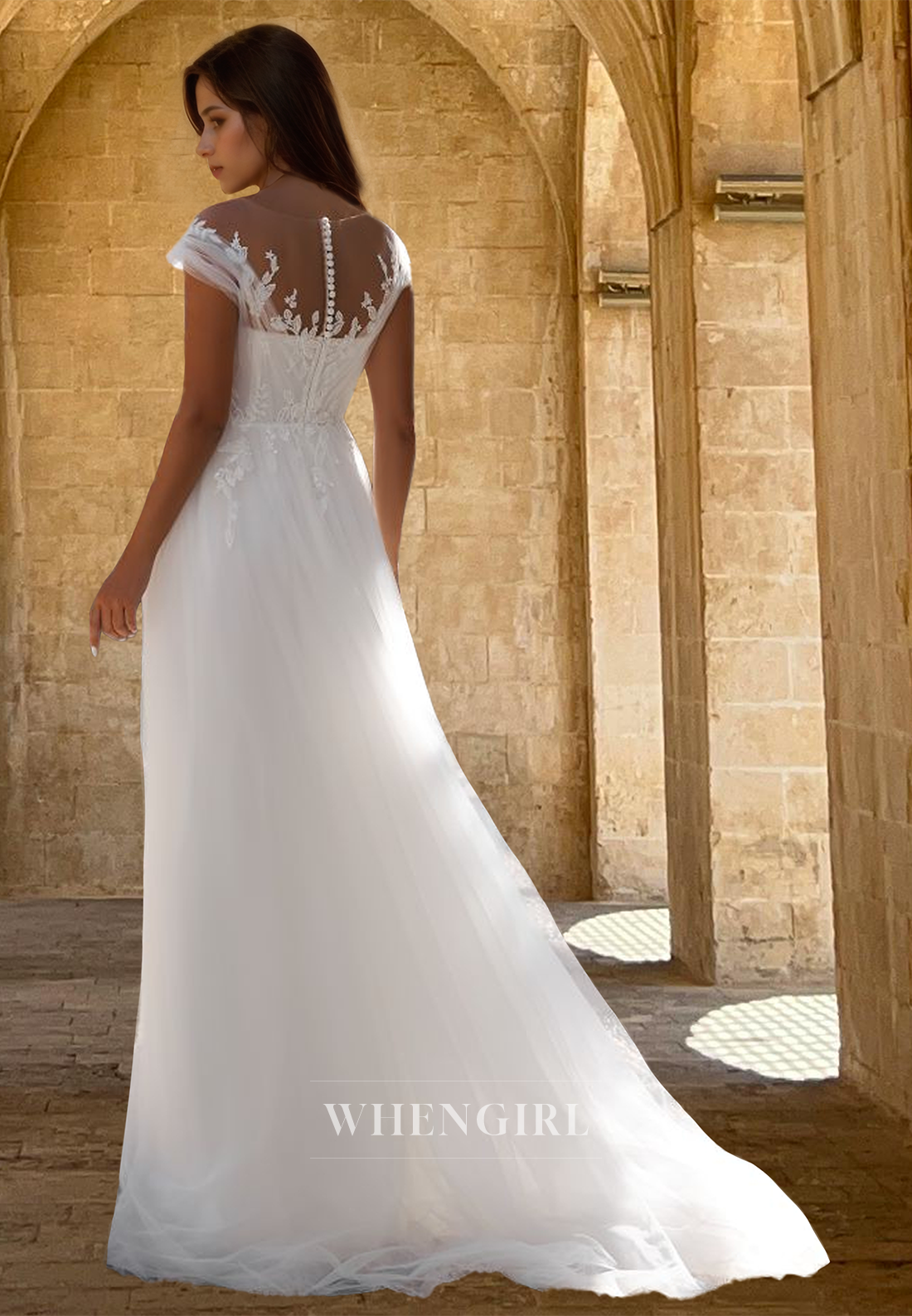 Bohemian A-Line Cap Sleeves Scoop Neck Pleats Lace Beach Wedding Dress with Applique