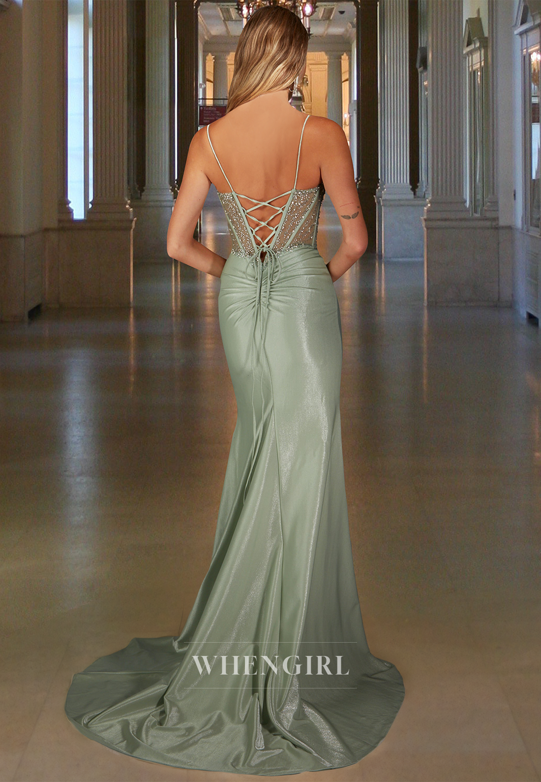 Beaded Sweetheart Straps Prom Dress Side Slit Stripe Fitted Satin Party Gowns with Train