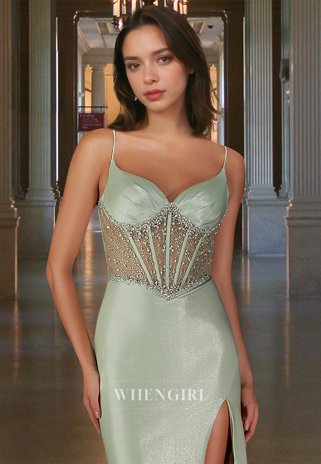 Beaded Sweetheart Straps Prom Dress Side Slit Stripe Fitted Satin Party Gowns with Train