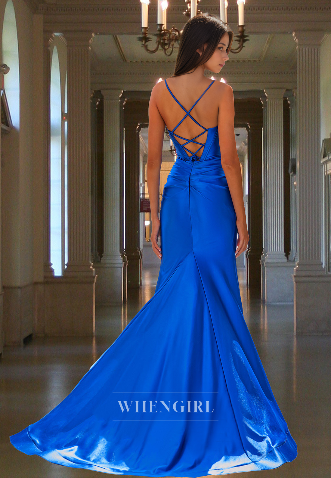 Royal Blue Spaghetti Straps Side Slit Fitted Satin Pleated Formal Party Dress with Bows