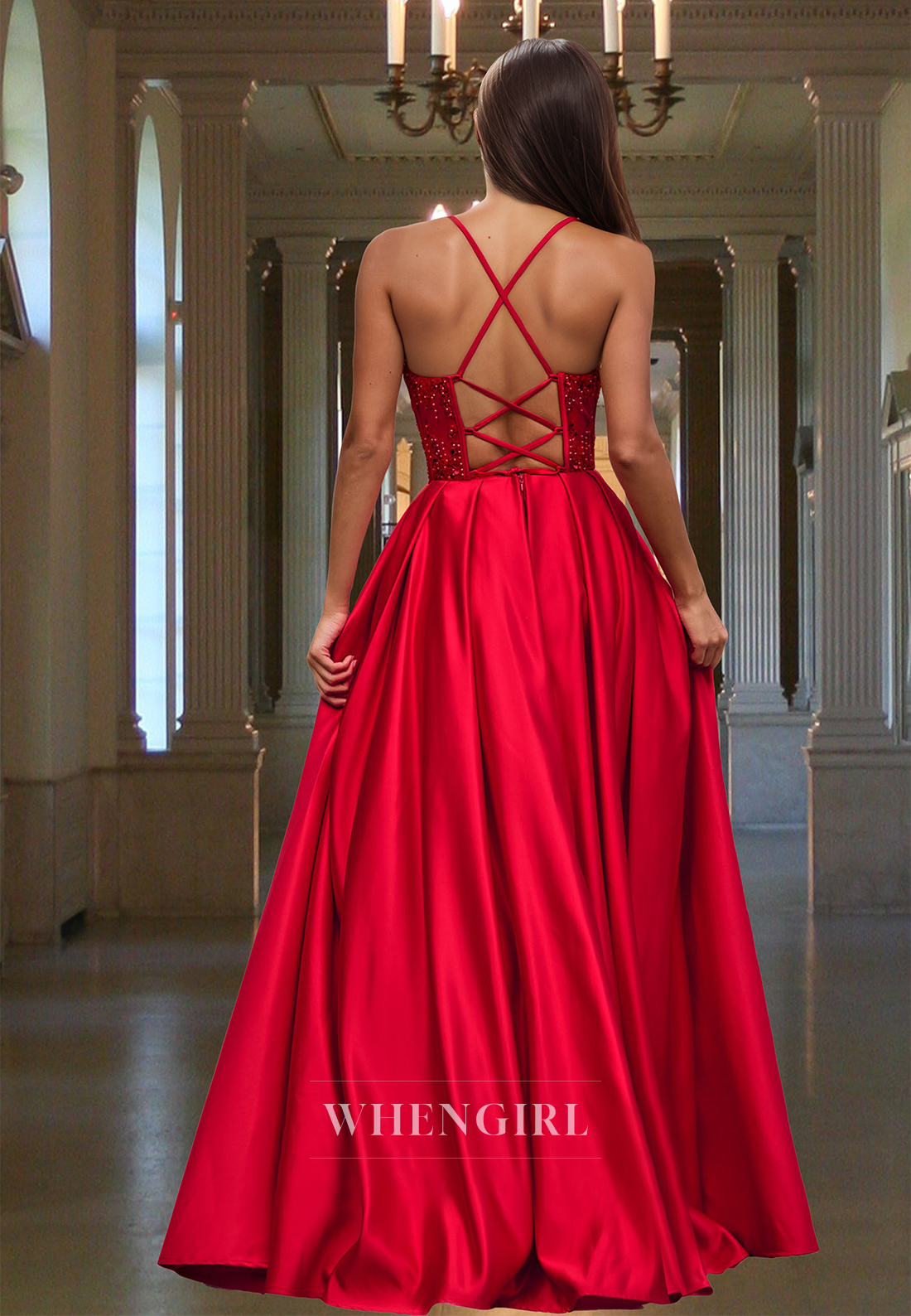 Elegant A-Line Sweetheart Stripe Pleated Satin Long Formal Party Dress with Beaded