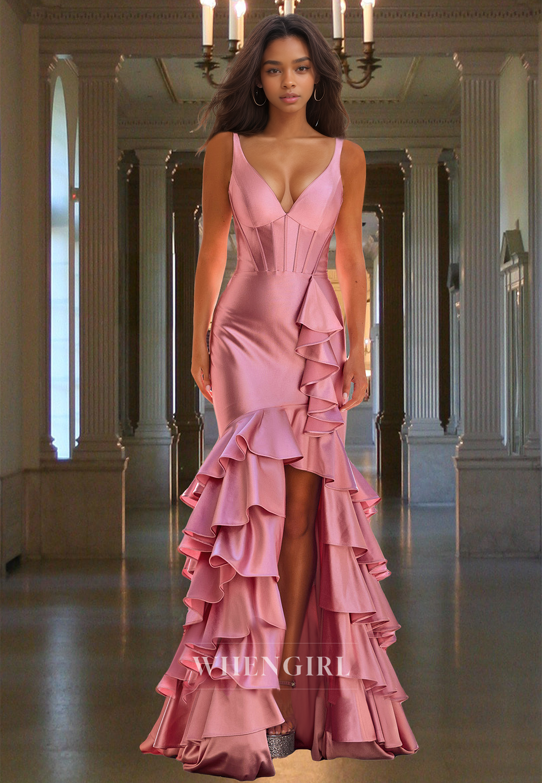 V-Neck Straps Mermaid Sleeveless Slit Pleated Satin Prom Party Evening Dress with Train