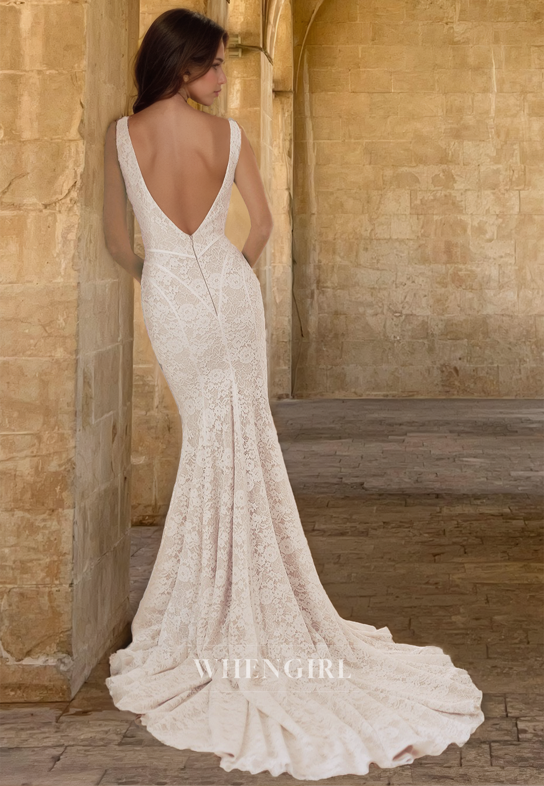 Sexy Deep V-Neck Straps Mermaid Fully Appliques Lace Boho Wedding Bridal Gowns with Train