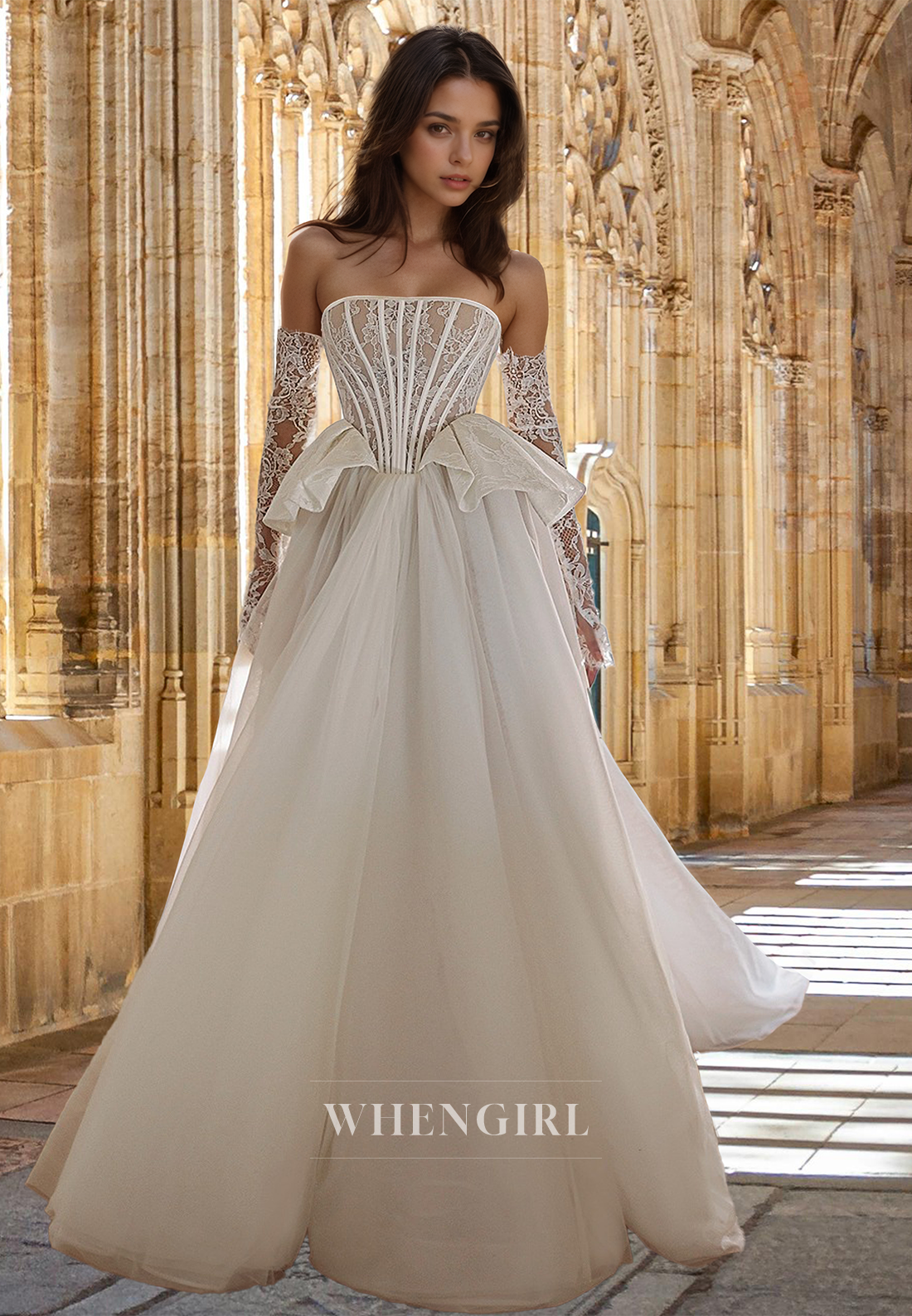 Glamorous A-Line Strapless Long Sleeves Pleated Tulle Beach Gowns Boho Wedding Dress with Appliques