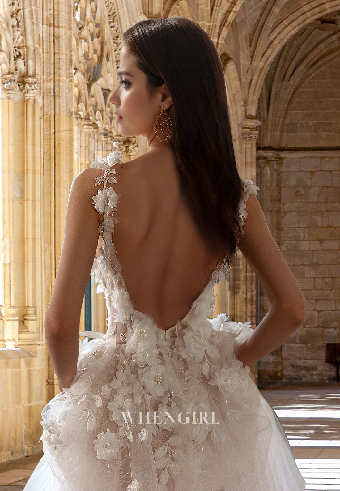 Deep V-Neck Straps A-Line Sweep Train Floral Lace Pleated Beach Wedding Dress with Beads