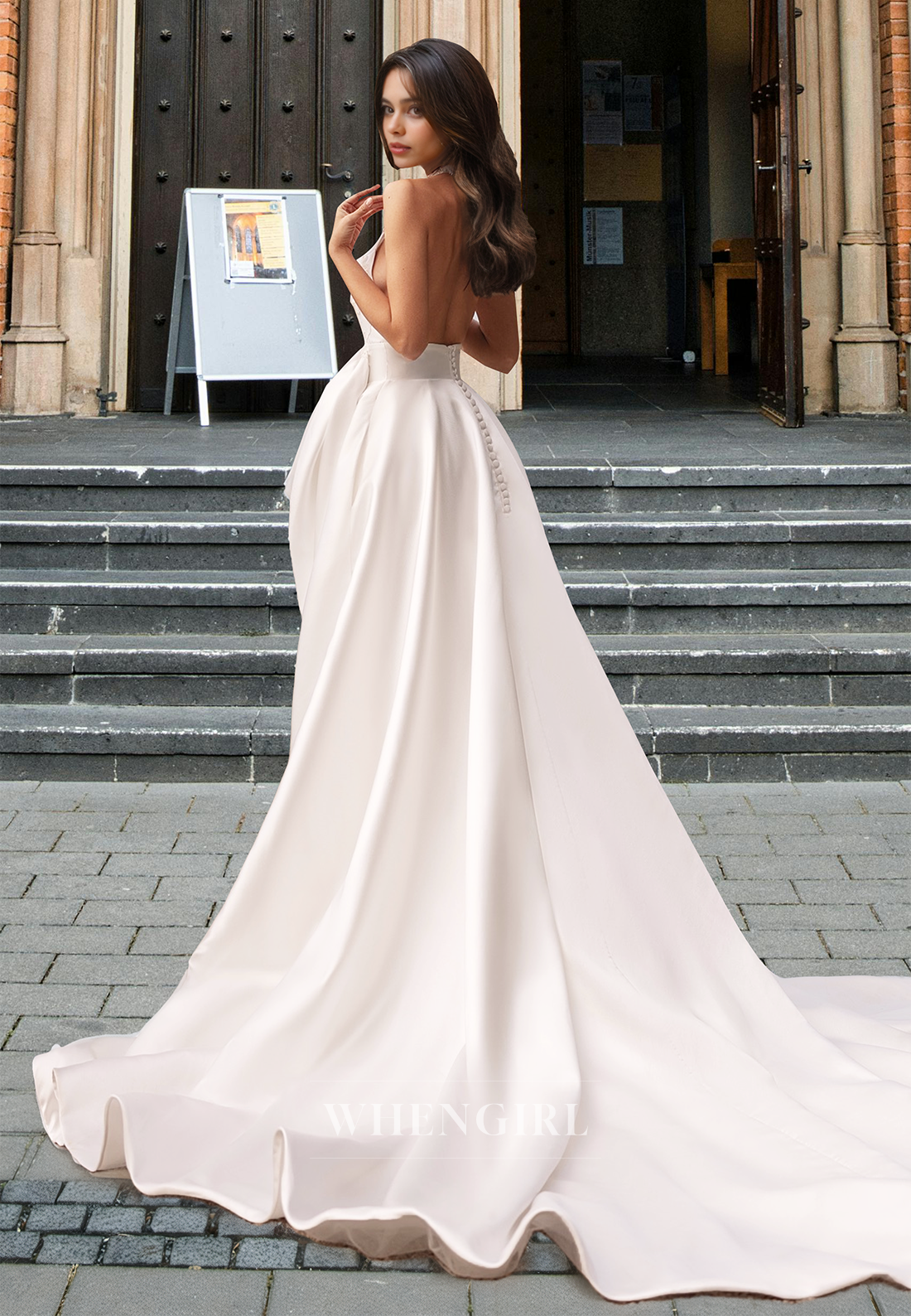 Halter V-Neck A-Line Sleeveless Brush Train Appliques Satin Wedding Bridal Gowns with Pockets