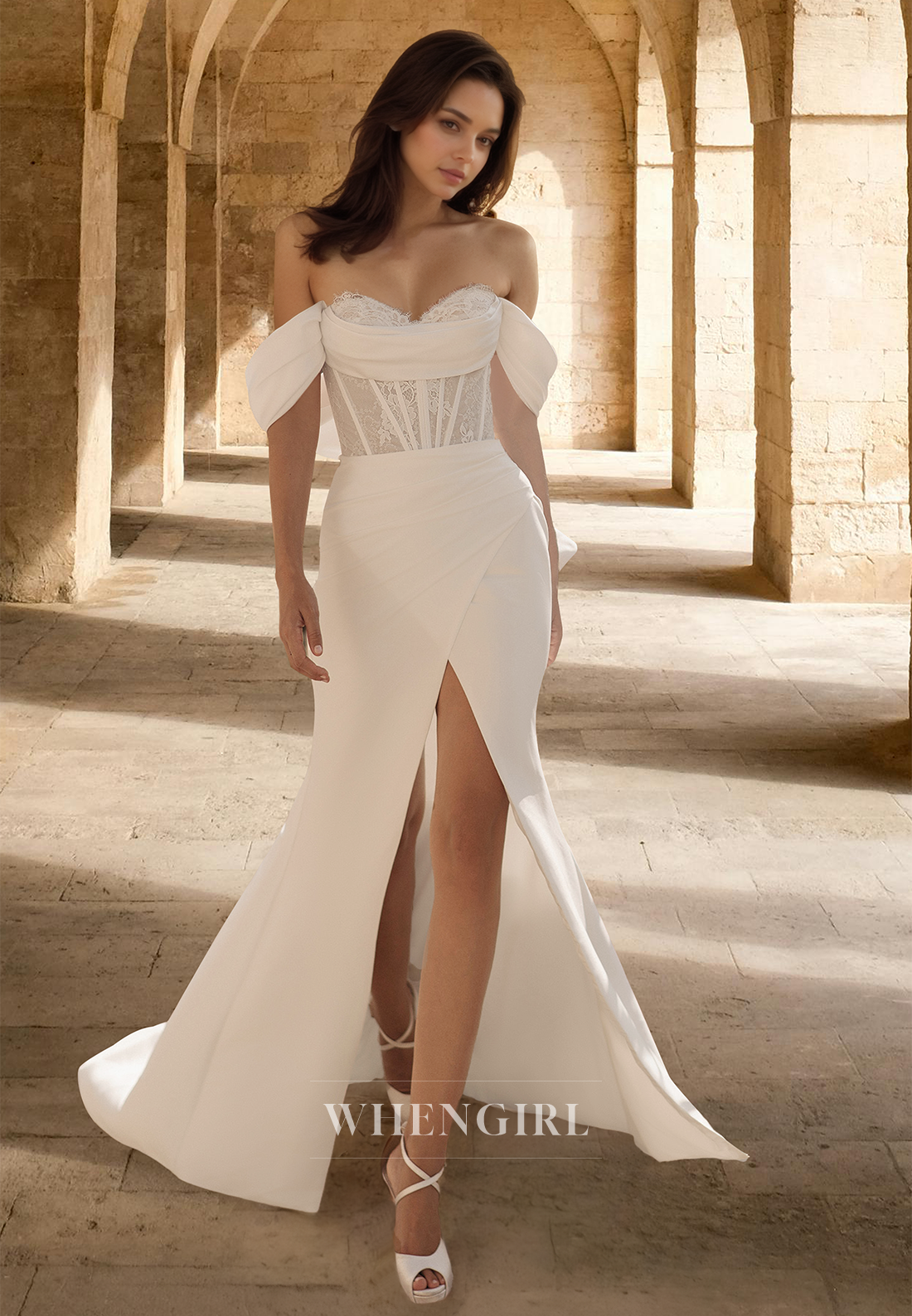 Simple Sweetheart Sleeveless High Slit Train Sheath Satin Wedding Dress Boho Gown with Appliques