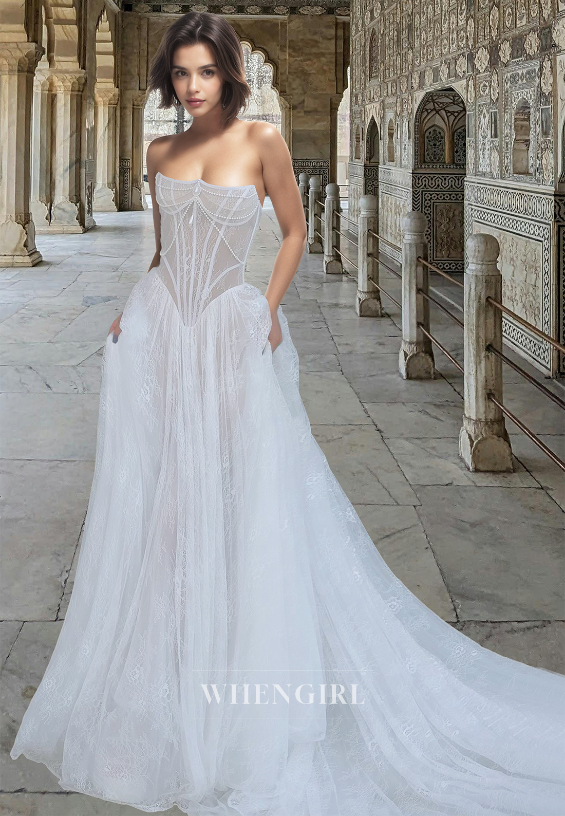 Romantic Tube Top A-Line Sleeveless Beaded Lace Beach Wedding Dress Boho Gowns with Appliques