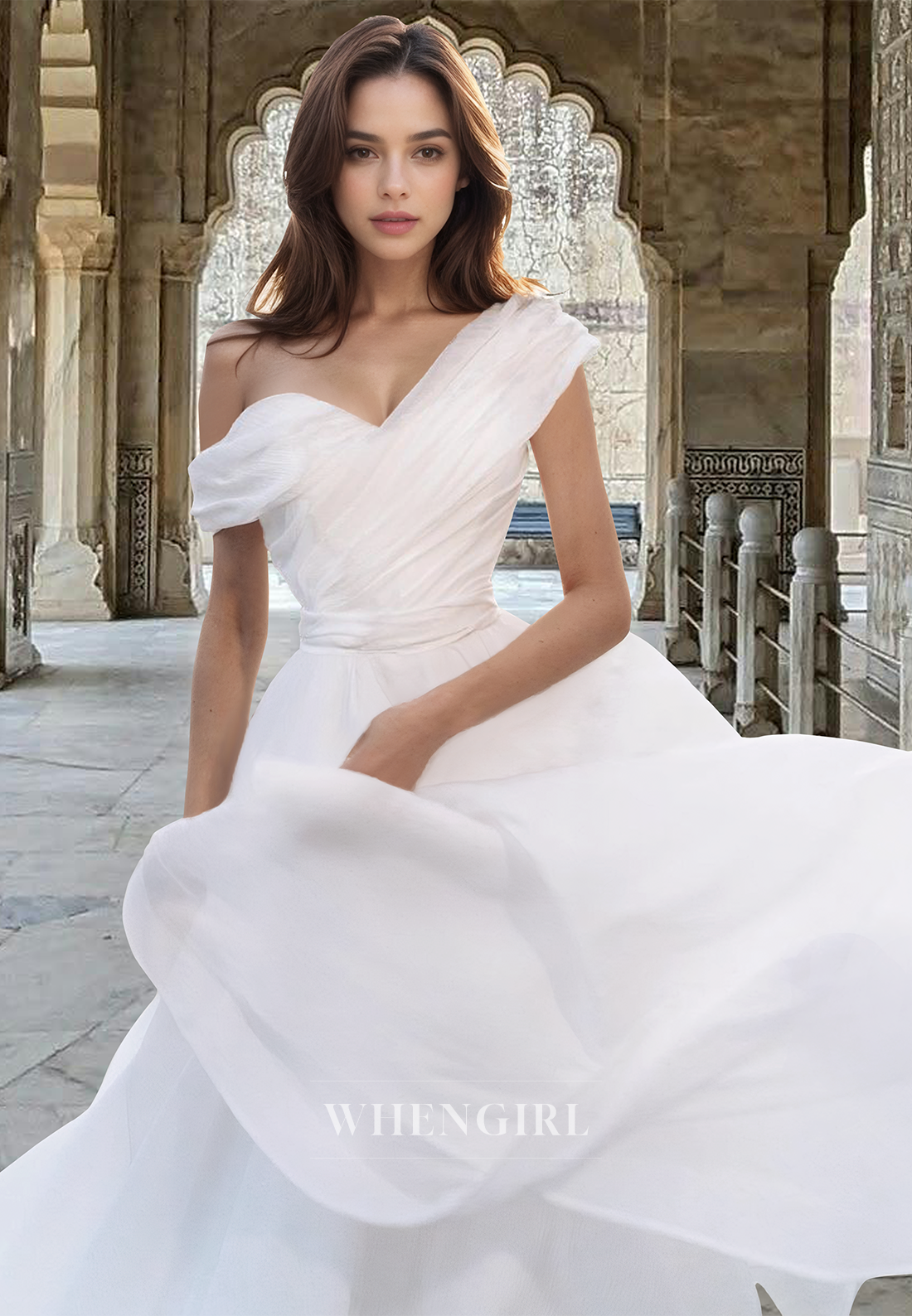 Simple One Shoulder A-Line Sleeveless Pleated Lace Boho Gown Long Beach Wedding Dress
