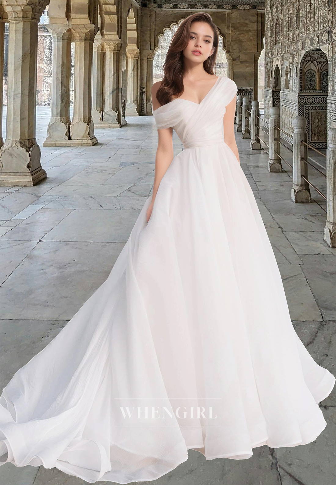 Simple One Shoulder A-Line Sleeveless Pleated Lace Boho Gown Long Beach Wedding Dress