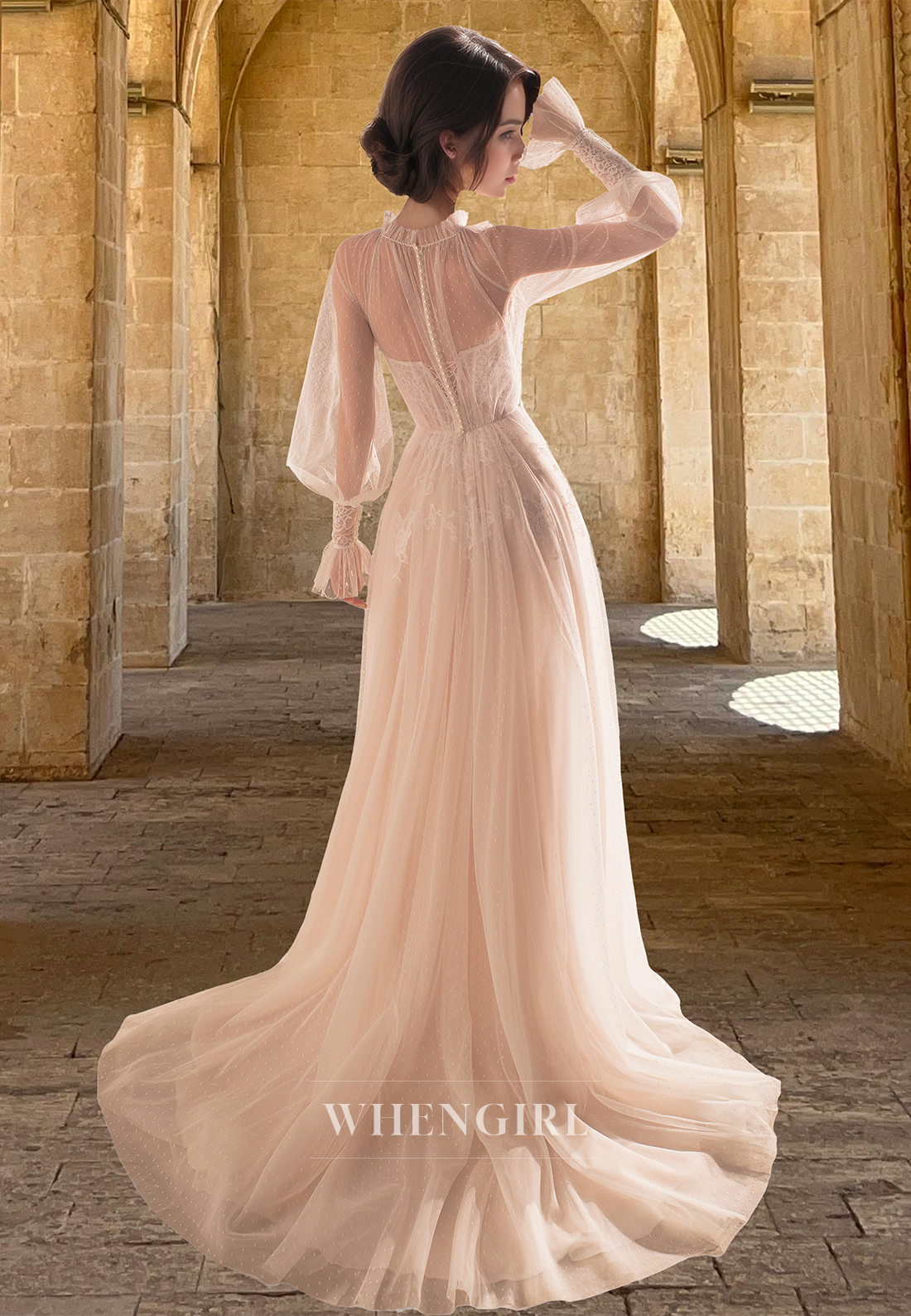 Glamorous Long Sleeves A-Line High Neck Lace Wedding Dress Boho Gowns with Appliques
