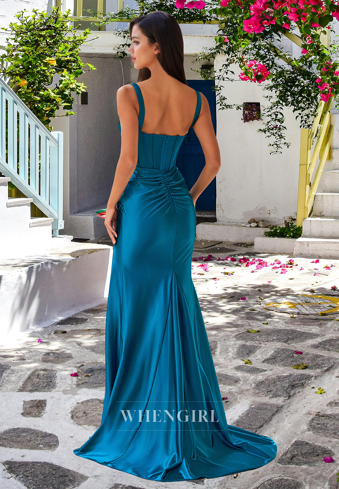 Classic Square Neck Straps Fitted Satin Pleated Satin Formal Prom Gown with Slit