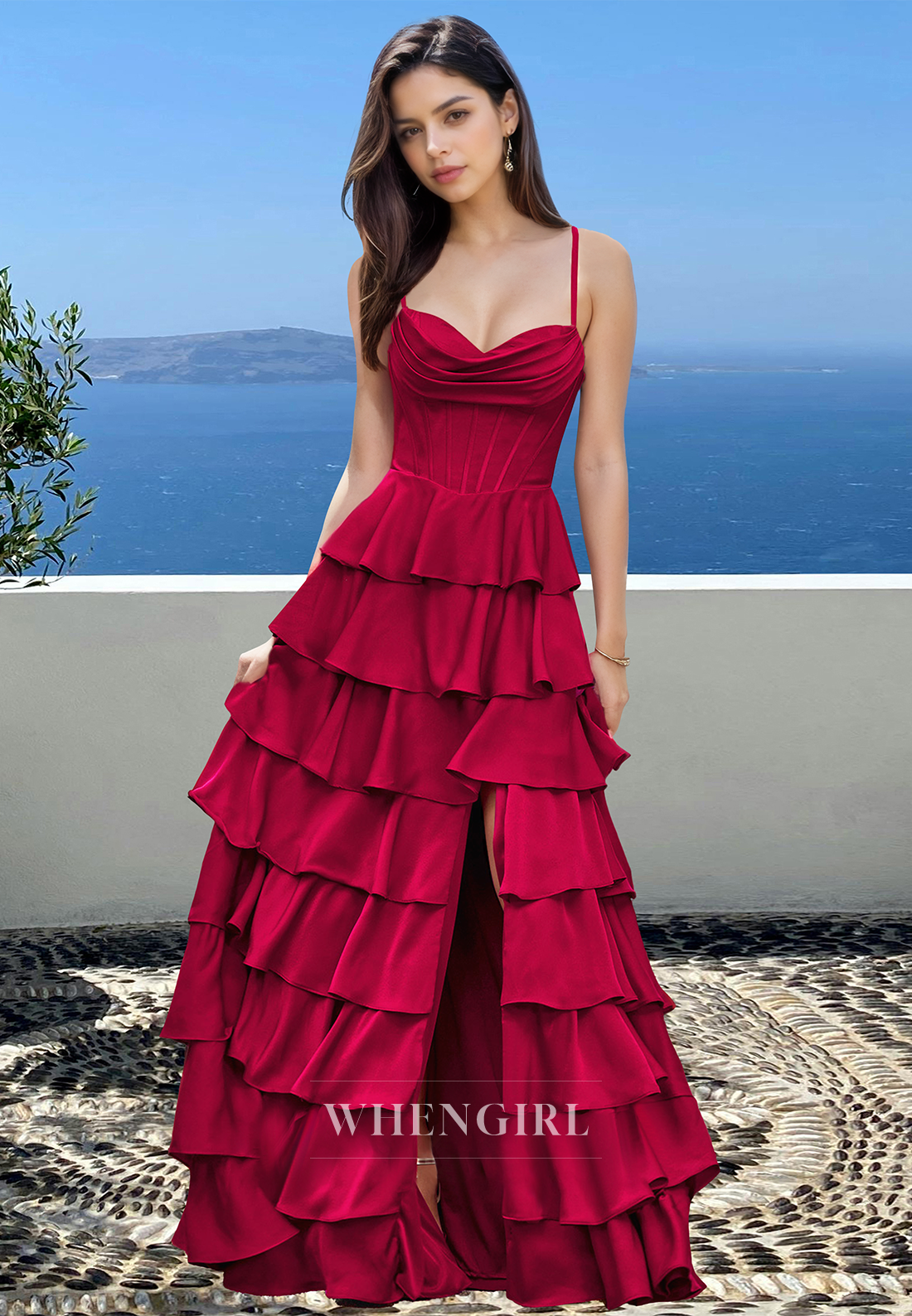 Elegant A-Line Sweetheart Straps Pleated Satin Evening Dress with Slit Tiered Ball Gown