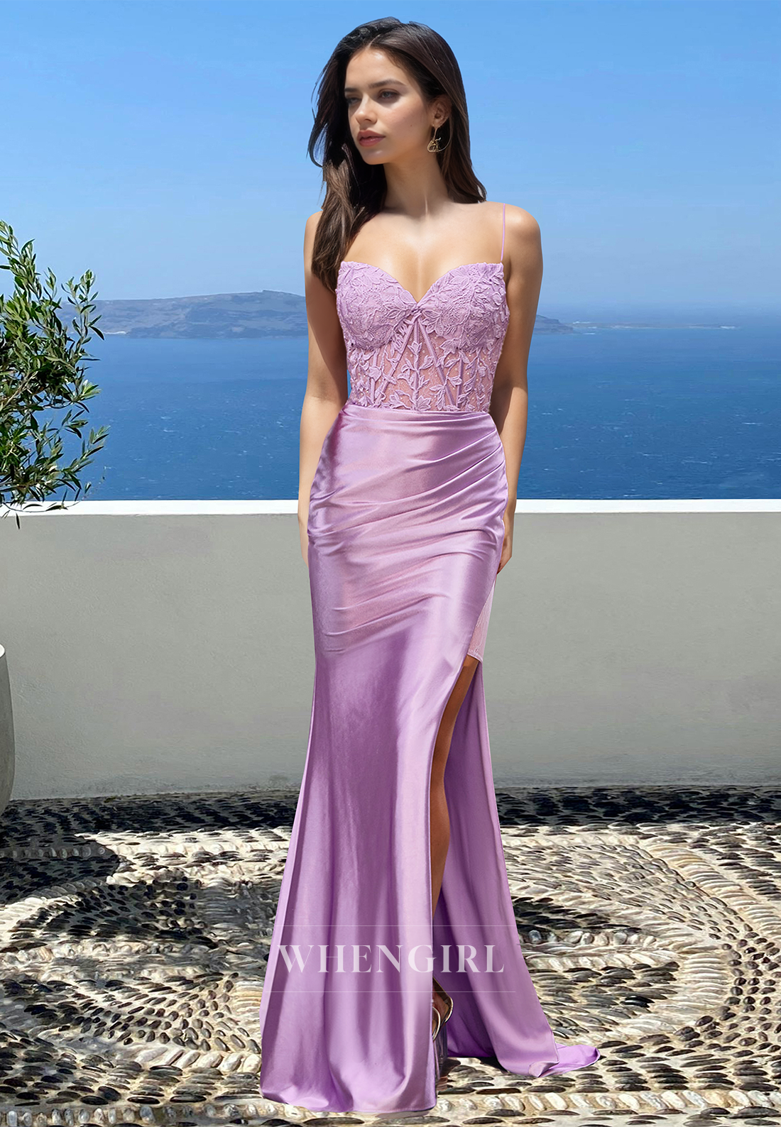 Cute Empire Waist Sweetheart Straps Pleats Satin Long Party Prom Dress with Slit
