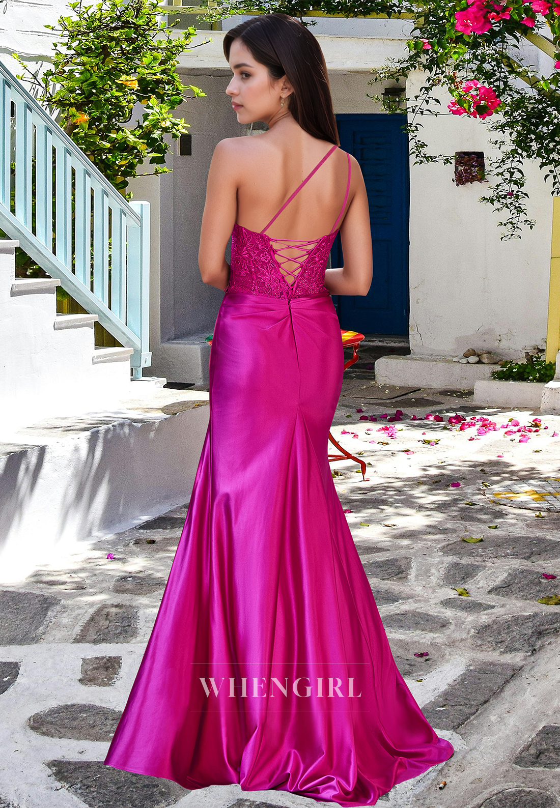 Sexy Fuchsia One Shoulder Fitted Satin Appliques Prom Party Dress with Floral
