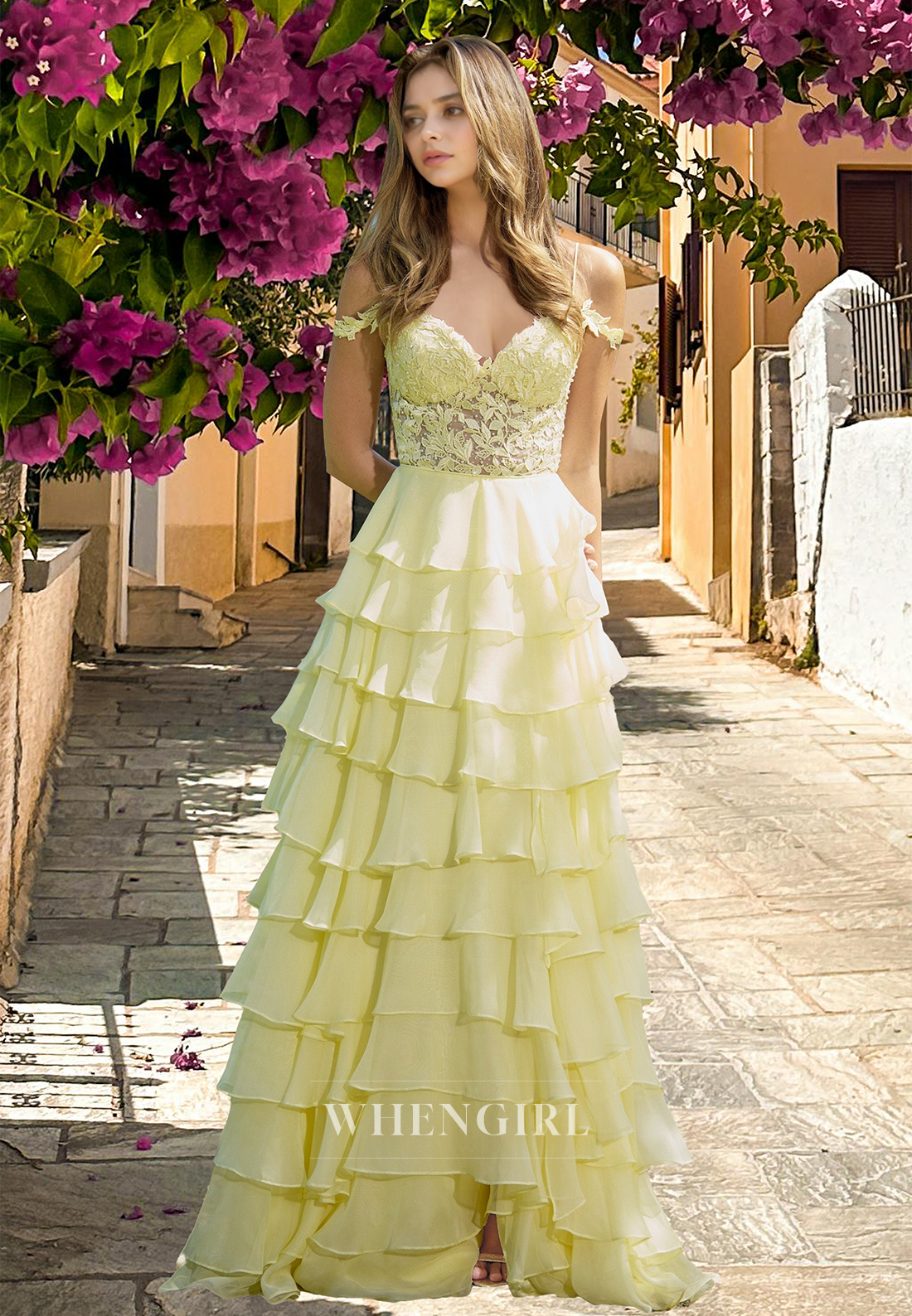 Beaded A-Line Spaghetti Straps Sweetheart Tiered Lace Ball Gowns with Appliques Party Dress