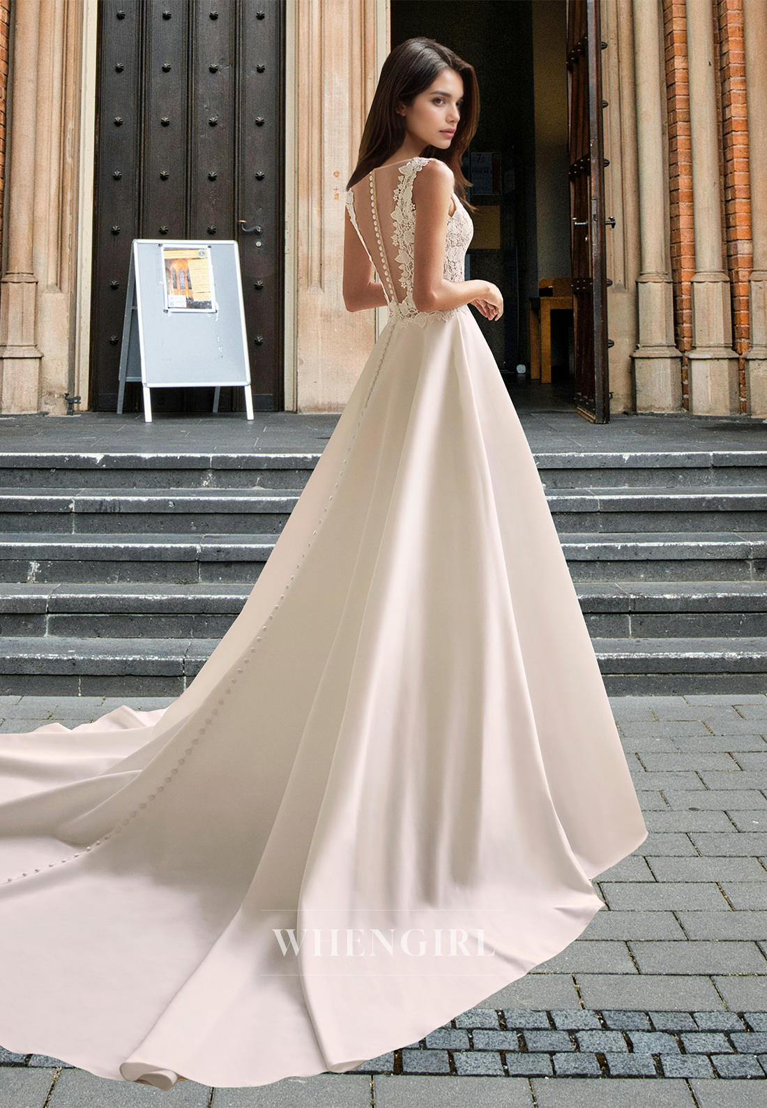 Graceful V-Neck Straps Wedding Dress A-Line Appliques Satin Bridal Gowns with Train