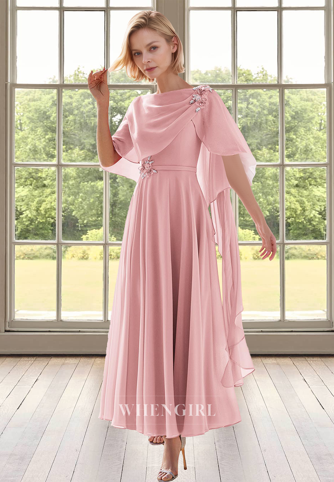Gorgeous A-Line Two Piece Floral Chiffon Long Cocktail Dress with Beads Mother of Bride