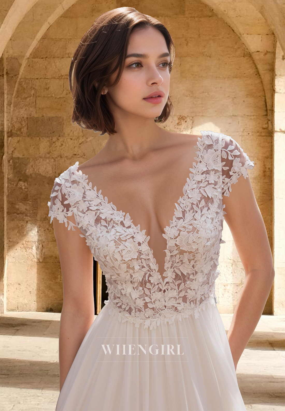 Elegant Cap Sleeves A-Line V-Neck Appliques Beach Wedding Dress with Train Boho Gowns