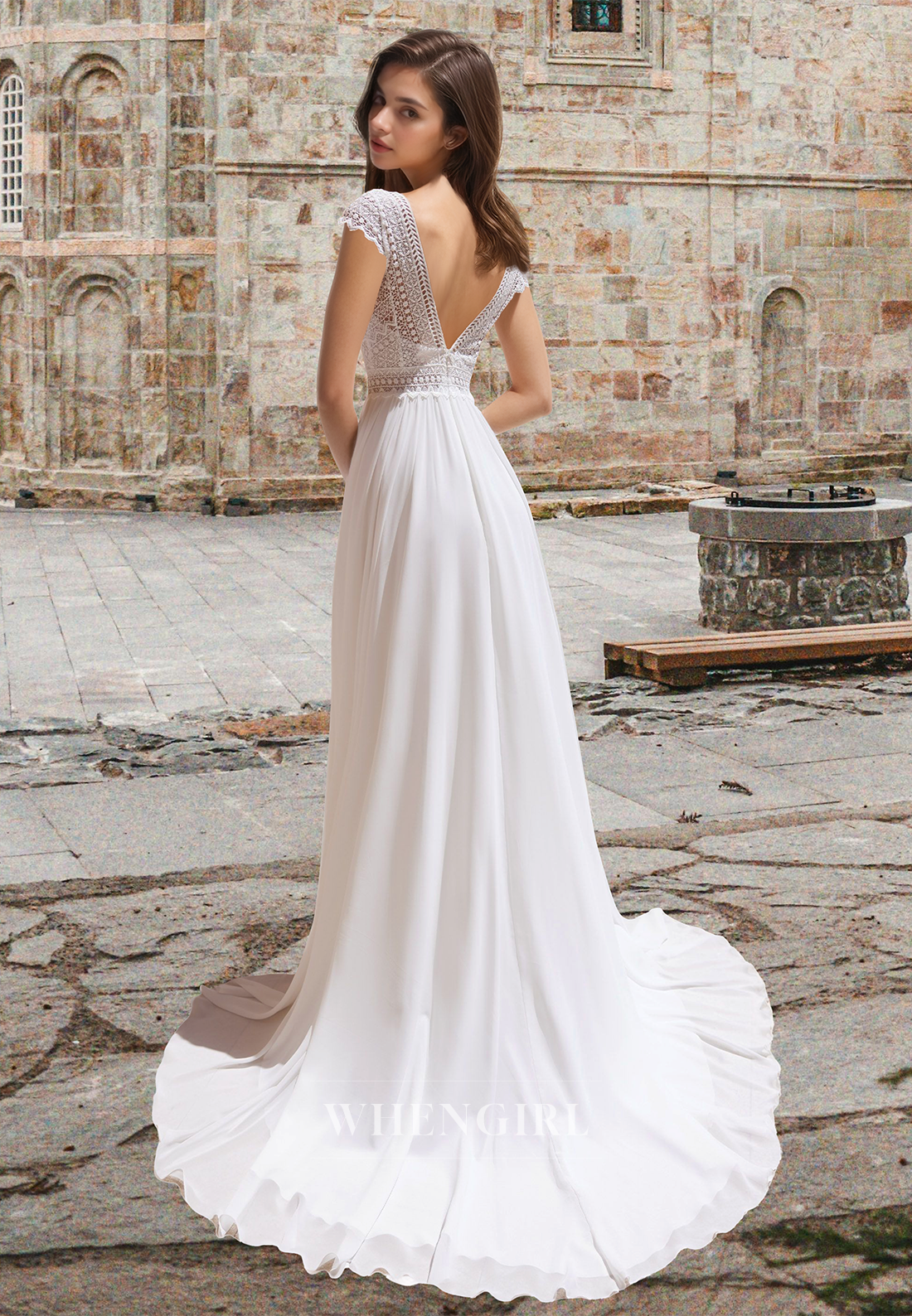 Simple A-Line V-Neck Cap Sleeves High Split Bridal Gowns Boho Wedding Dress with Applique