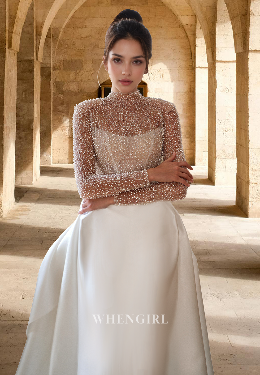 Striking High Neck Long Sleeves Fitted Satin Beaded Wedding Bridal Gowns with Train