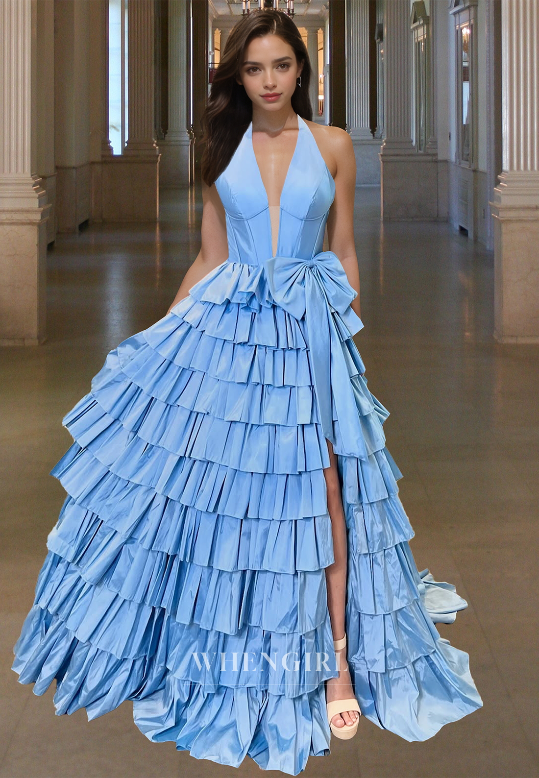 Elegant Halter V-Neck A-Line Bows Tiered Satin Ball Gowns with Train Formal Gowns
