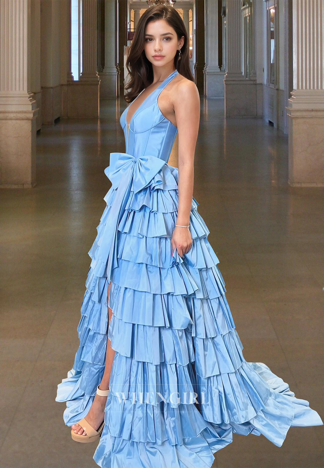 Elegant Halter V-Neck A-Line Bows Tiered Satin Ball Gowns with Train Formal Gowns
