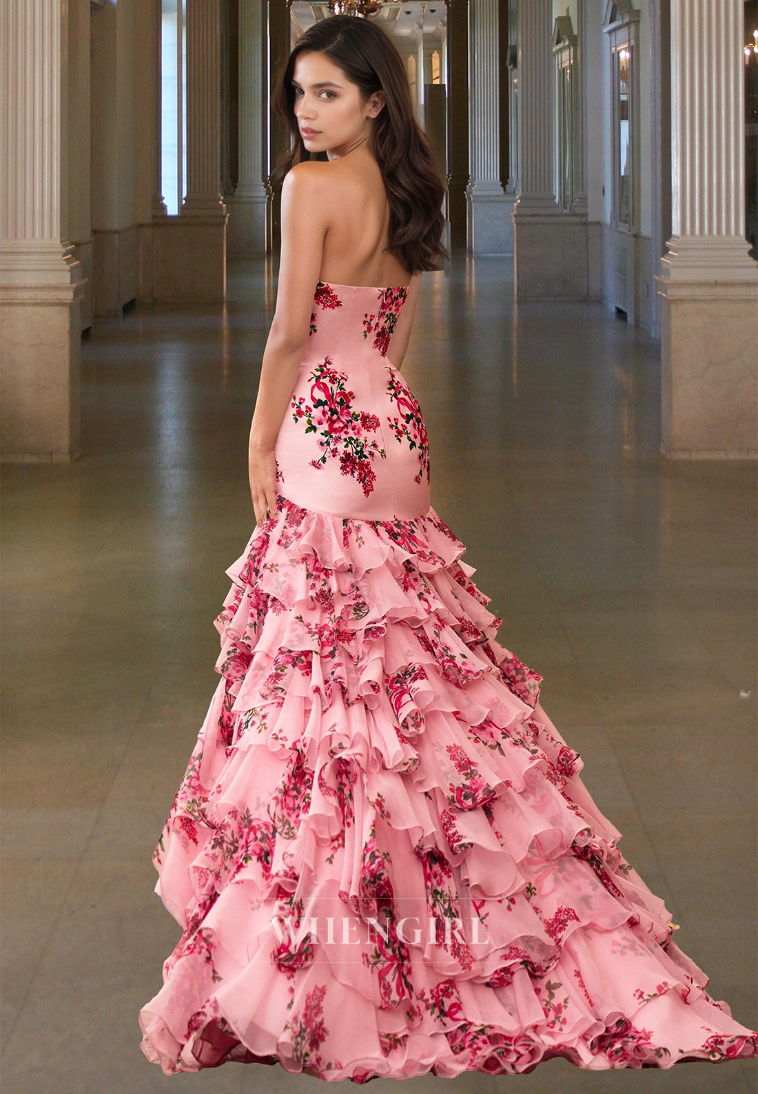 Graceful Tube Top Sleeveless Mermaid Tiered Lace Appliques Formal Prom Dress with Train