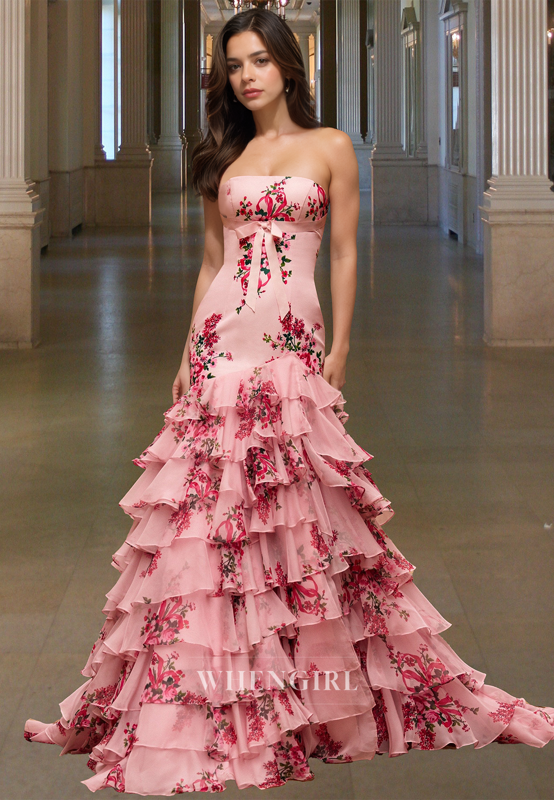Graceful Tube Top Sleeveless Mermaid Tiered Lace Appliques Formal Prom Dress with Train
