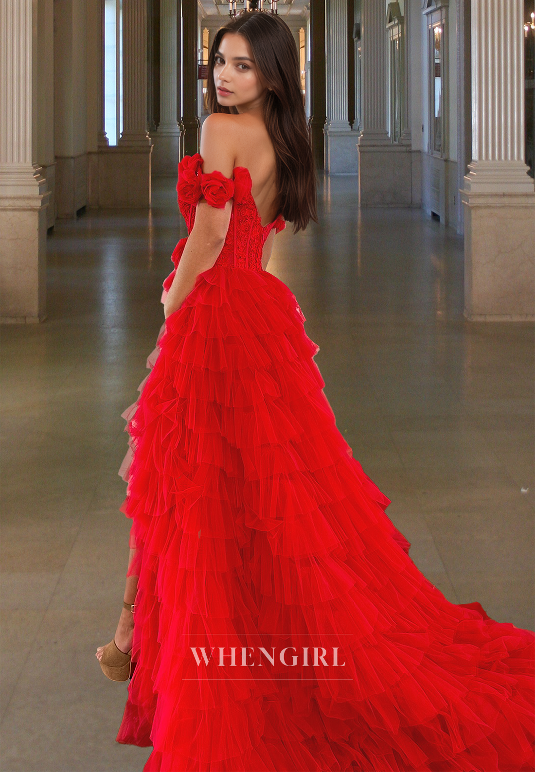 Striking A-Line Off-Shoulder Appliques Tiered Lace Ball Gowns with Floral Party Dress