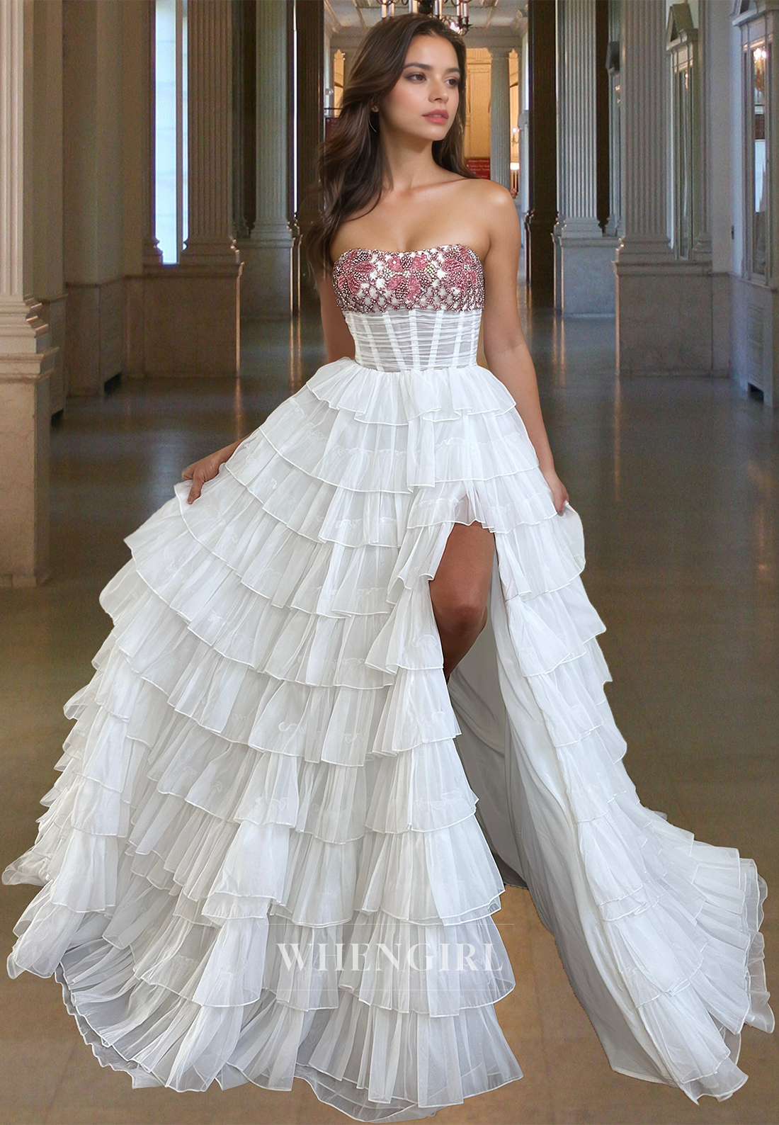 Luxurious Tube Top A-Line Side Slit Tered Lace Evening Party Dress with Beaded